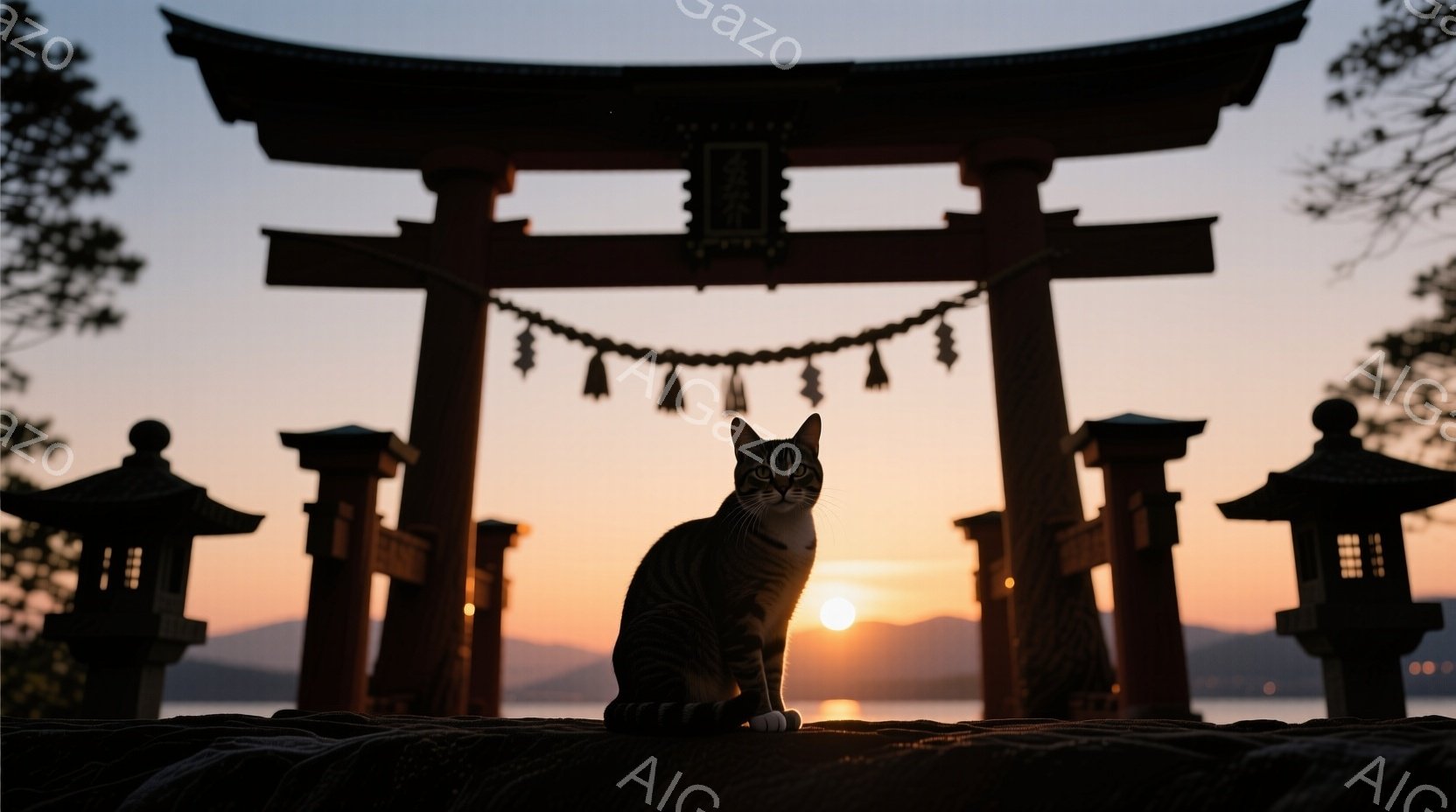 太陽が沈む夕暮れ時に、鳥居を背景に縞模様の猫が座っている。猫は正面を向き、穏やかな表情で遠くを見つめているようだ。背景には、湖と山々が広がり、静かで神聖な雰囲気を醸し出している。 - AI生成フリー素材