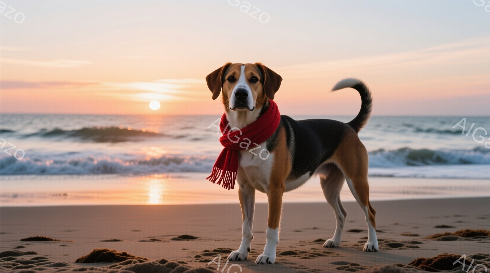 ビーチで赤いスカーフを巻いた、茶色と白の毛並みの犬が正面を向いて立っている様子を捉えています。犬はリラックスした表情で、背景には穏やかな波と夕焼けのオレンジ色の空が広がっています。全体的に暖かく、平和 - AI生成フリー素材