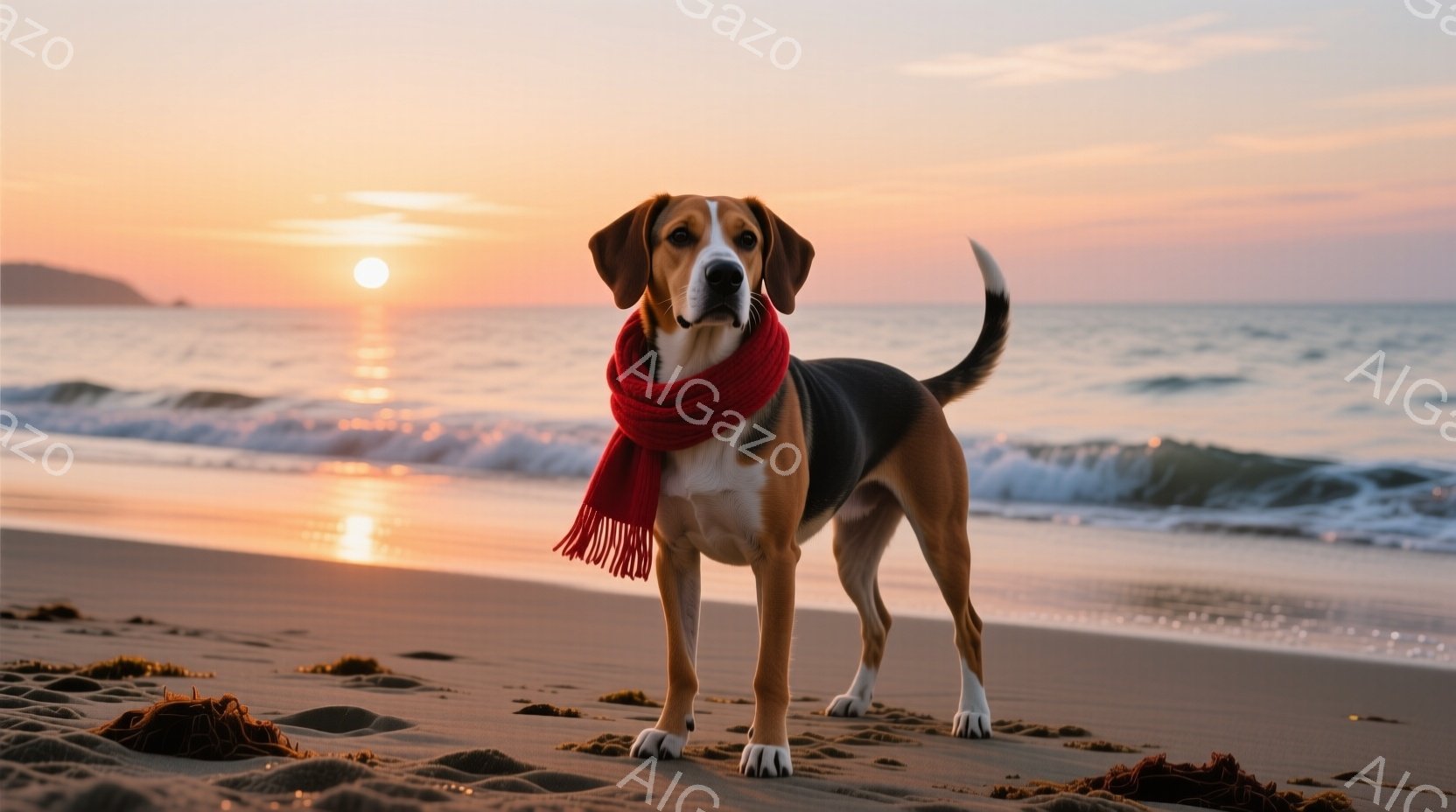 ビーチで、赤いスカーフを巻いたビーグル犬が正面を向いて立っている。夕暮れ時の穏やかな波が背景に広がり、空はオレンジとピンクのグラデーションで染まっている。犬はリラックスした表情で、穏やかで暖かい雰囲気 - AI生成フリー素材
