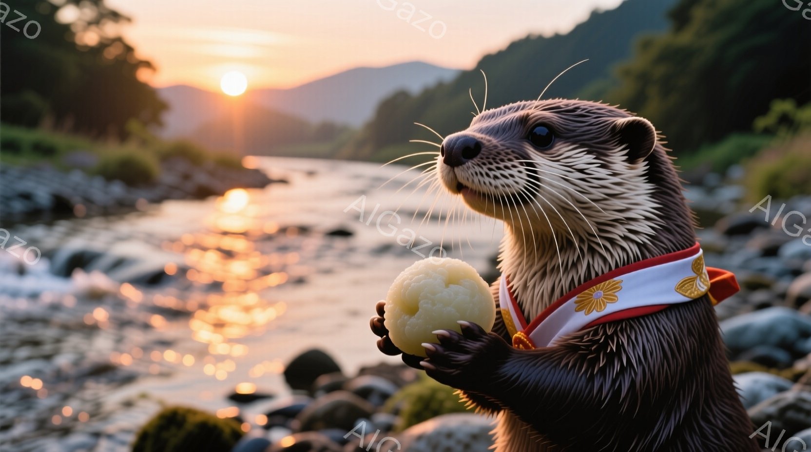 カワウソが、赤い縁取りと黄色い花柄の首輪を身につけ、両手で丸い団子のようなものを抱えています。その表情は穏やかで、どこか誇らしげです。背景には、夕焼けに照らされた川と、遠くに見える山々が広がっており、温かく幻想的な雰囲気です。