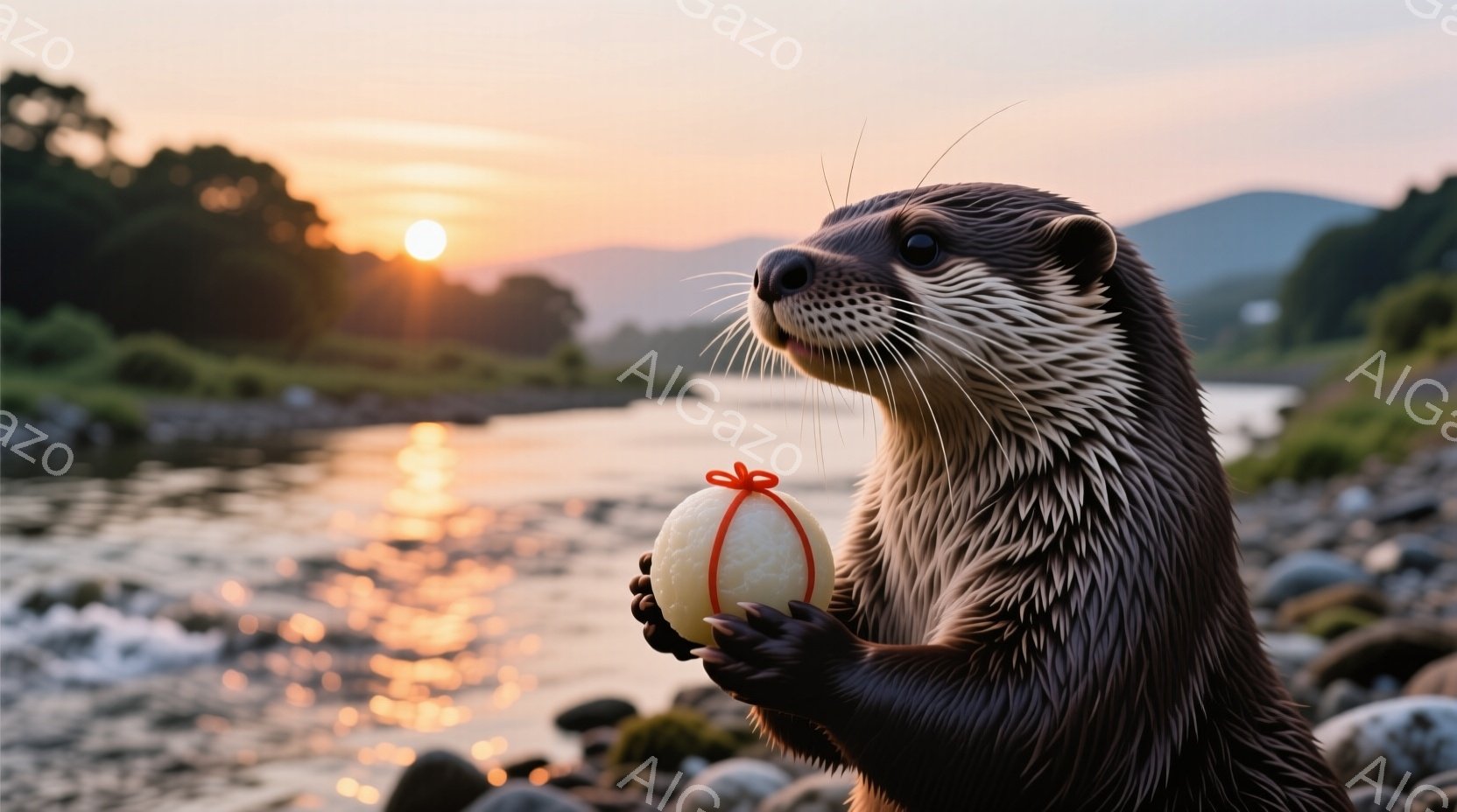 岩場に座るカワウソが、両手で白い丸い物を大切そうに抱えています。夕焼け空が背景に広がり、水面にはオレンジ色の光が反射し、穏やかで暖かな雰囲気を醸し出しています。カワウソの表情はどこか誇らしげで、可愛らしい姿が印象的です。