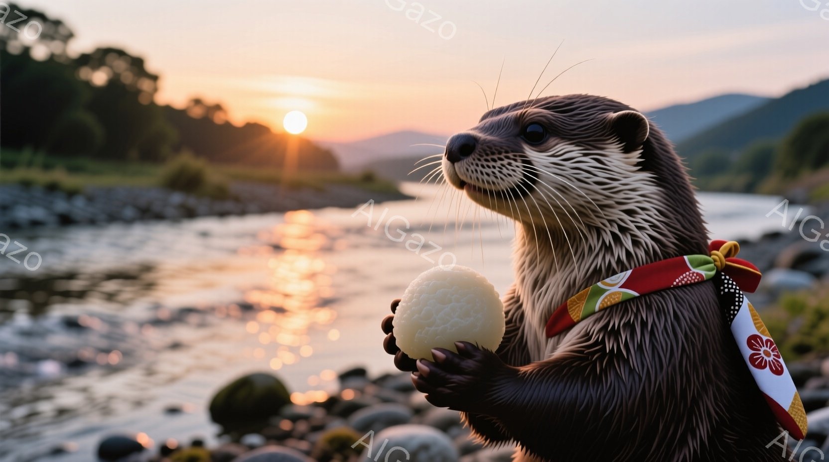 かわうそが、首に赤い縁取りと金色の模様が入った白いバンダナを巻き、片手に白い球体を抱えています。背景には、夕焼けに照らされた川と、緑の山々が広がっており、穏やかで幻想的な雰囲気を醸し出しています。かわうそは嬉しそうな表情で、暖かく平和な情景を演出しています。