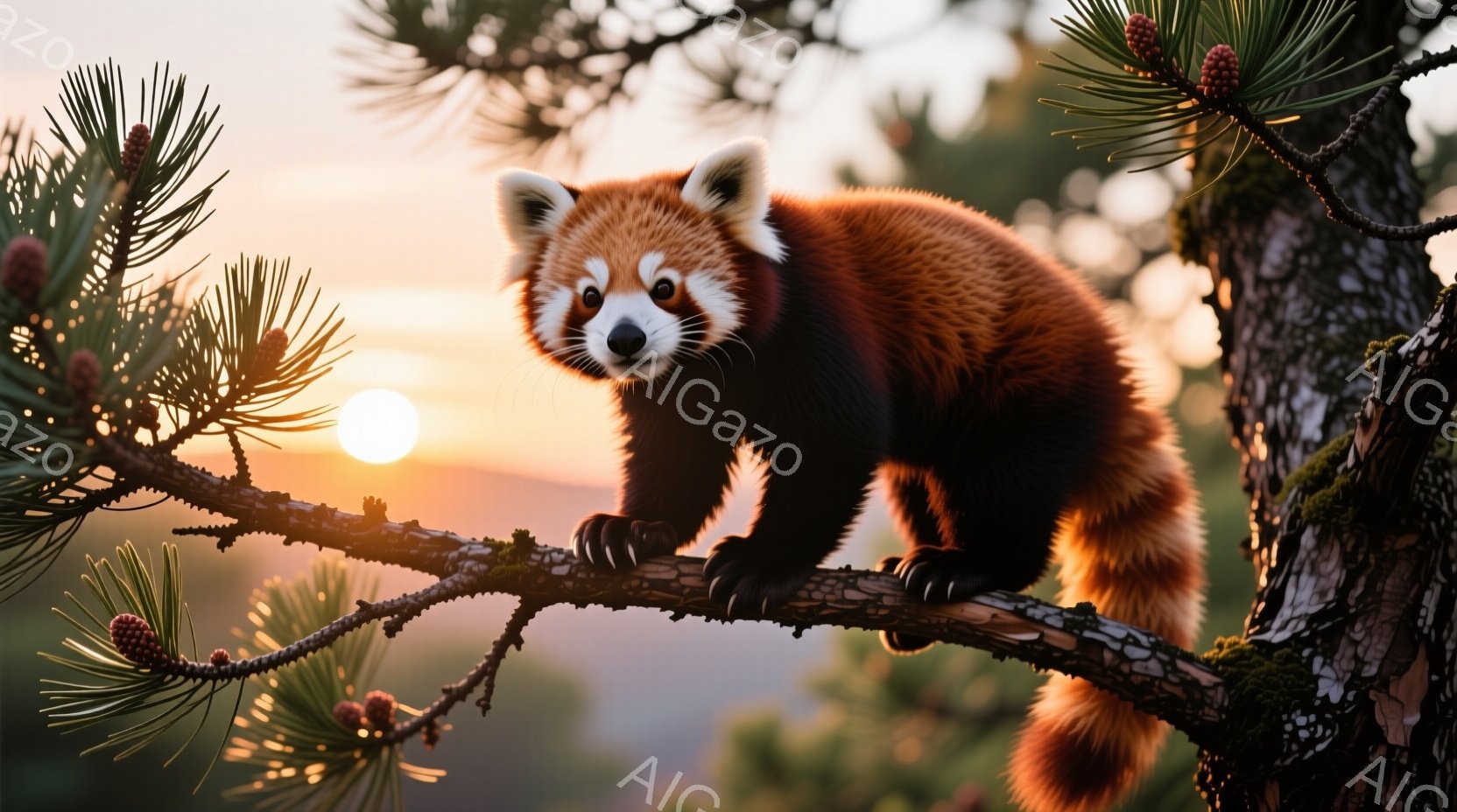 赤褐色の毛並みを持つレッサーパンダが、苔むした木の枝に前足をかけて座っている。背景には夕焼け空が広がり、木々の緑と暖かなオレンジ色が美しいコントラストを生み出している。その表情は少し警戒しているようにも見えるが、全体的には穏やかで自然な雰囲気が漂っている。