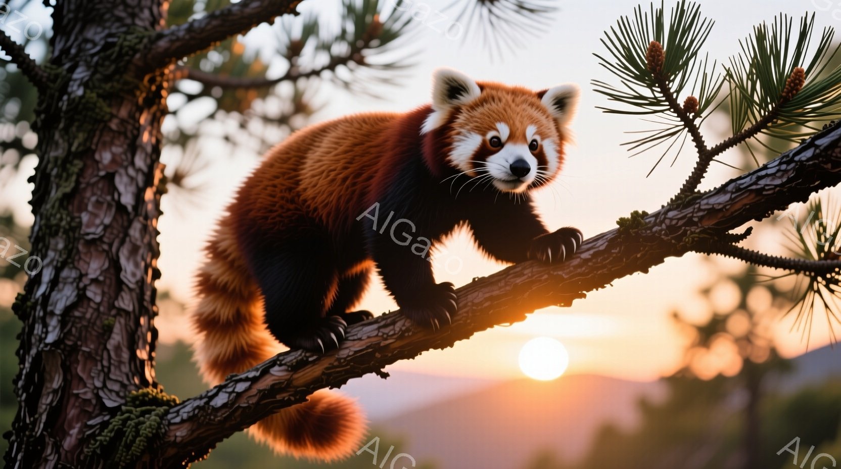 赤茶色の毛並みを持つレッサーパンダが、苔むした木の枝に爪を立てて登っています。背景には夕焼けの光が差し込み、遠くの山並みがぼんやりと見え、温かく穏やかな雰囲気が漂っています。レッサーパンダは好奇心旺盛な表情でこちらを見ており、その愛らしい姿が印象的です。