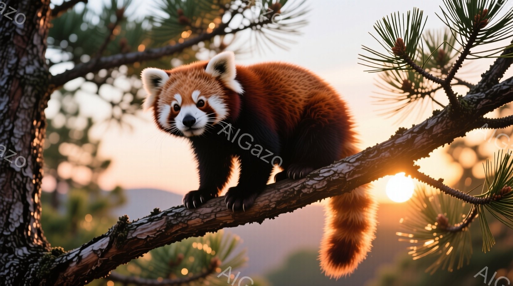 赤褐色の毛並みを持つレッサーパンダが、太い木の枝にとまってこちらを見ています。背景には夕焼けの光が差し込み、暖かく幻想的な雰囲気を醸し出しています。針葉樹の緑と夕焼けのオレンジが対照的で、自然の美しさが際立っています。