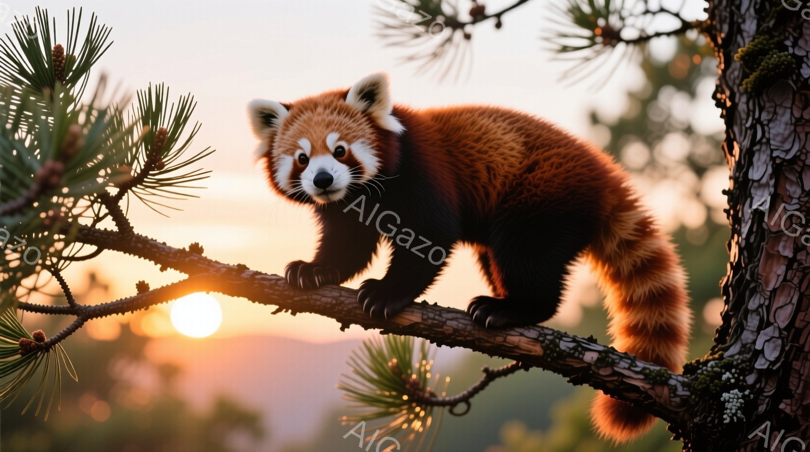 木の枝に座っている赤くてふわふわしたレッサーパンダが写っています。そのレッサーパンダは前方をじっと見つめており、丸くて愛らしい表情をしています。背景には夕焼けのようなオレンジ色の光が差し込み、周りの緑とのコントラストが美しい自然の風景が広がっています。