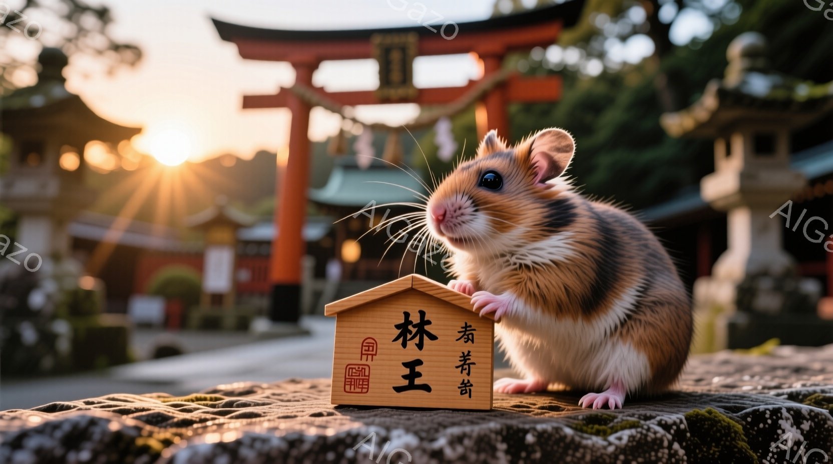 小さなハムスターが石畳の上で、小さな赤い寺社のような模型の前に座っています。背景には、鮮やかな朱色の大きな鳥居と寺社建築が見え、夕焼けのような暖かな光が差し込んでいます。ハムスターは可愛らしく、好奇心旺盛な表情で、周囲の風景を見渡しているようです。