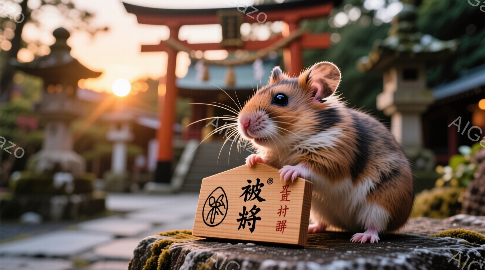 鮮やかな朱色の神社の背景に、モフモフのハムスターが苔むした石の上に座っています。ハムスターは正面を見据え、小さな鼻と可愛らしい表情が印象的です。背景には緑豊かな木々が広がり、夕焼けのような柔らかな光が神社の屋根を照らし、穏やかで神秘的な雰囲気を醸し出しています。