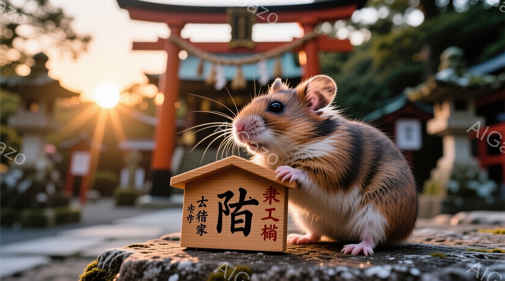 古都の朱色の神社の石段の上に、小さなハムスターが立っている。ハムスターは毛並みが美しく、少し緊張した表情で前を見つめている。背景には、太陽の光が差し込む朱色の鳥居と緑豊かな自然が広がり、神秘的で穏やかな雰囲気を醸し出している。