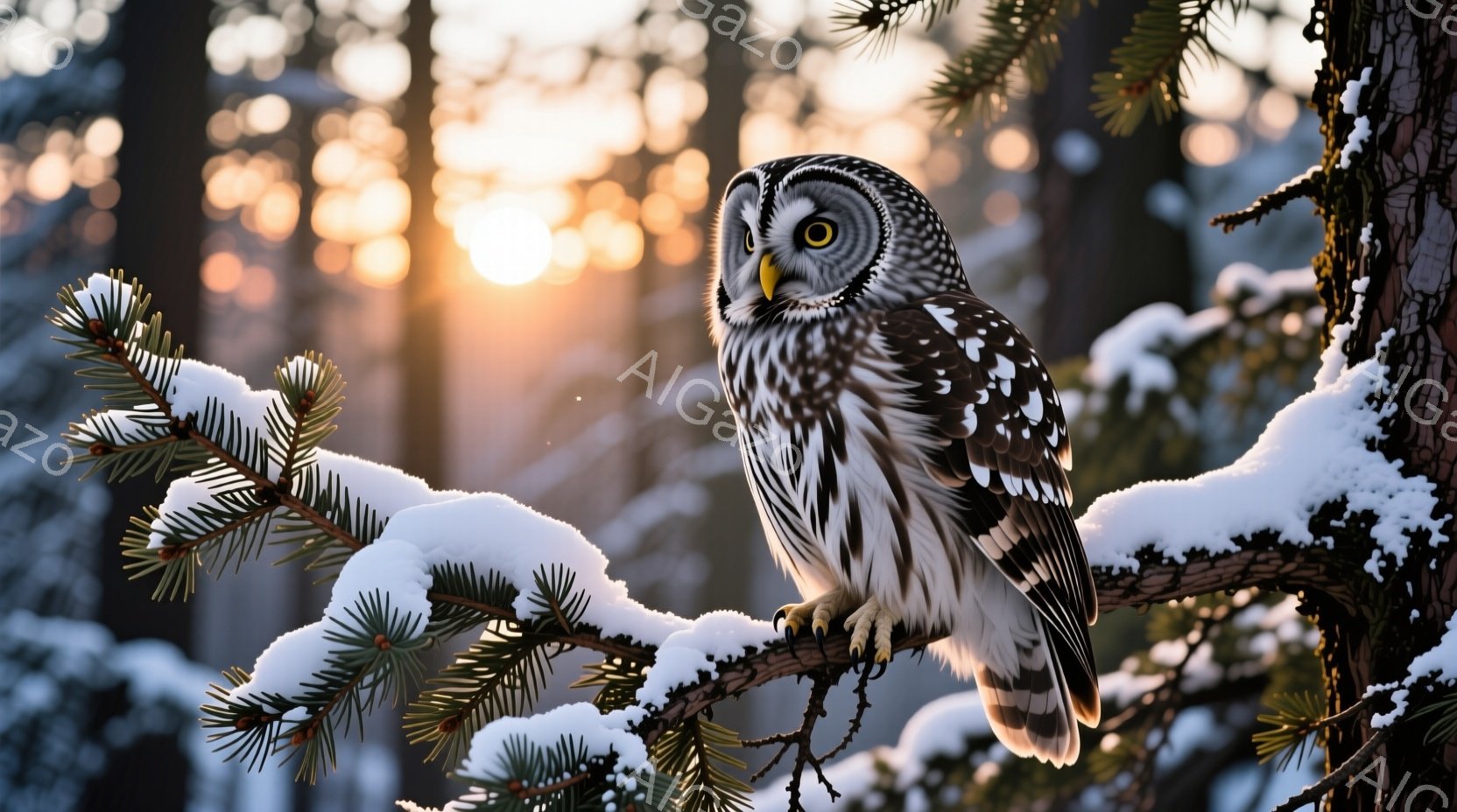 白い雪に覆われた針葉樹の枝に、フクロウがとまっており、鋭い眼光でこちらを見つめている。背景には夕焼けのような暖かい光が差し込み、木々の間から幻想的な光線が伸びている。冬の森の静寂と、フクロウの威厳が感じられる、神秘的な雰囲気の画像である。