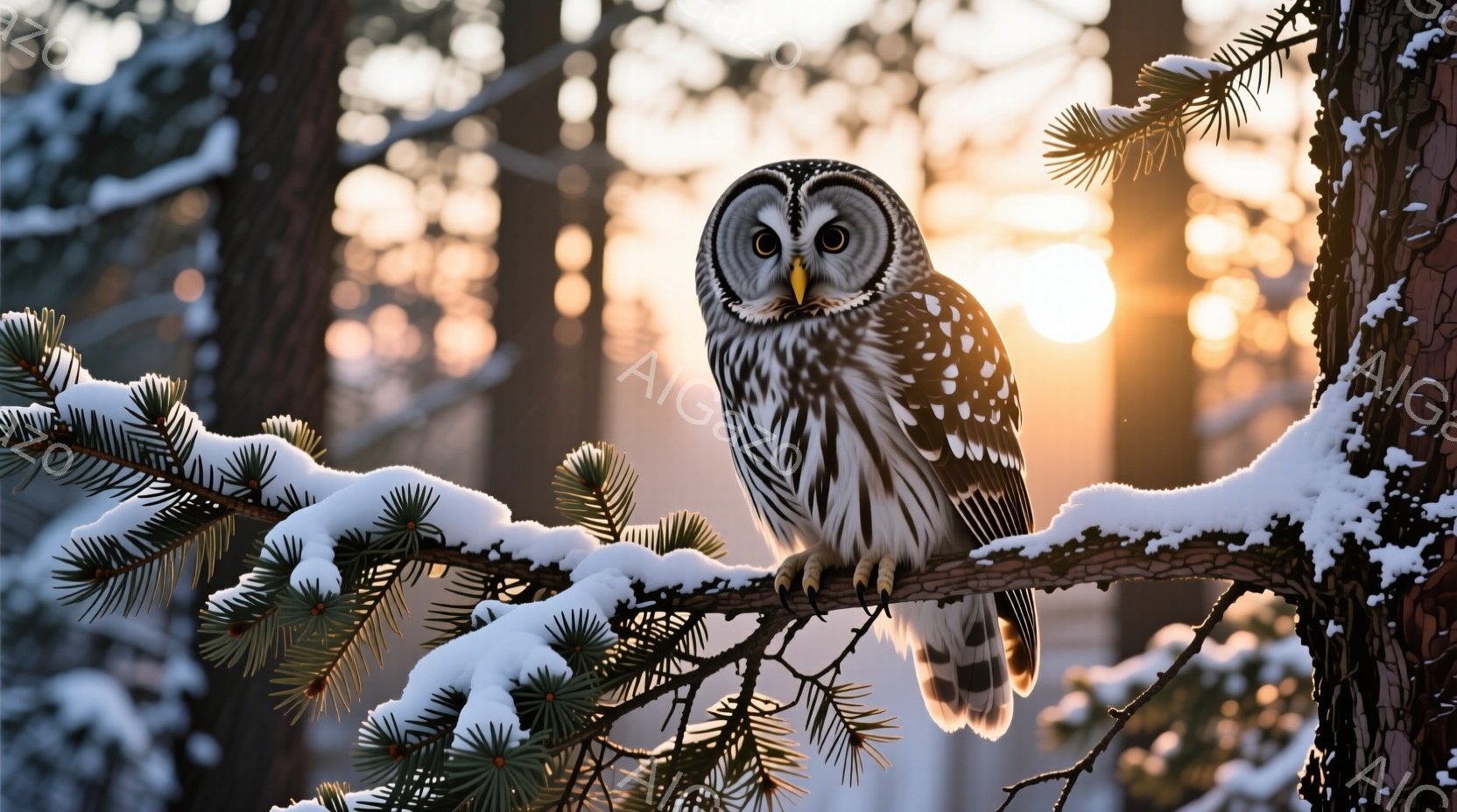 白い雪に覆われた針葉樹の枝に、大きなフクロウがとまっている。フクロウは鋭い黄色い目と、白と黒の美しい模様を持ち、凛々しい表情で正面を見つめている。背景には木々の間から差し込む夕日の光が暖かく、冬の森の静寂と神秘的な雰囲気を醸し出している。