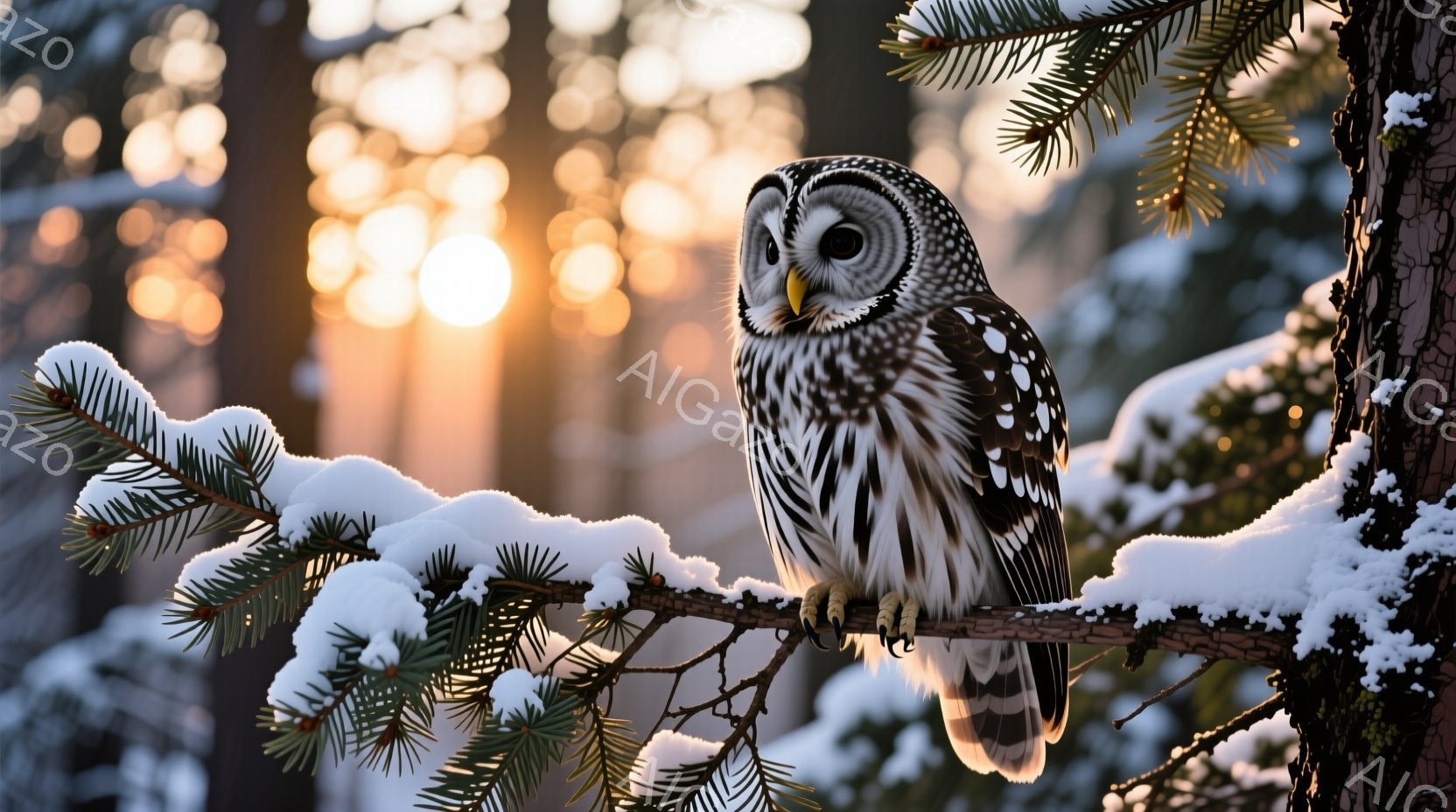 雪に覆われた松の枝に、大きなフクロウがとまっている。そのフクロウは白と黒の鮮やかな模様を持ち、鋭い眼光で正面を見つめている。背景には、木々の間から差し込む柔らかな夕日の光が広がり、冬の静寂で幻想的な雰囲気を醸し出している。