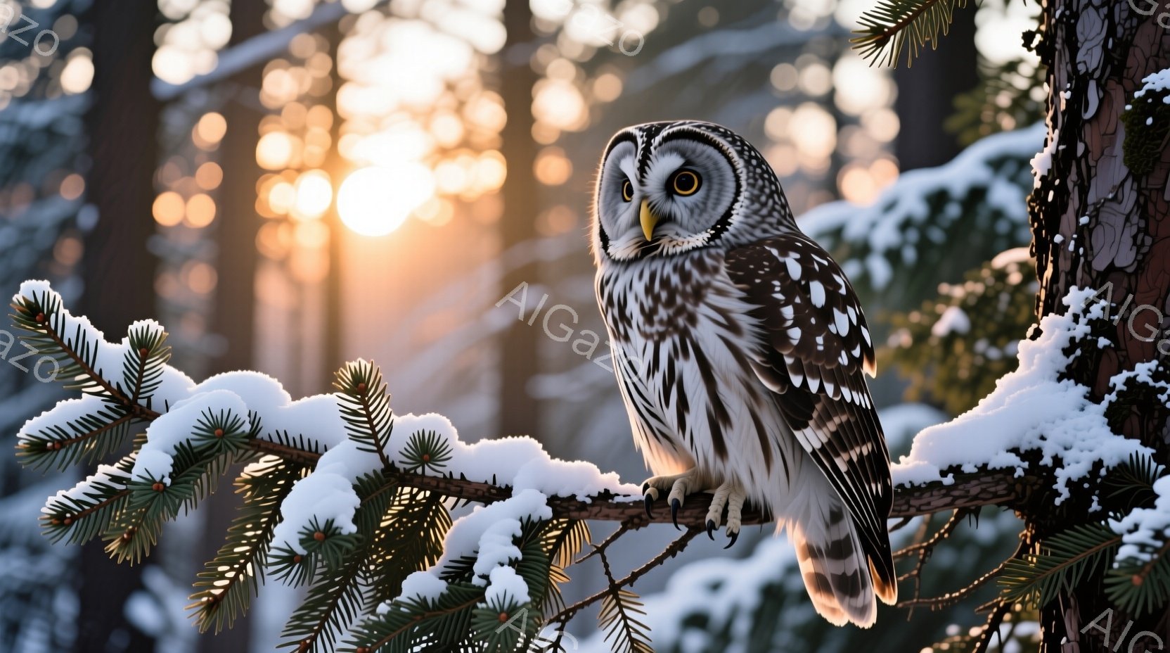 白い雪に覆われた針葉樹の枝に、大きなフクロウがとまっており、鋭い眼差しでこちらを見ている。背景には、夕日の光が木々の間から差し込み、暖かく幻想的な雰囲気を醸し出している。フクロウの白い羽と暗い斑点が、雪景色の中で際立ち、冬の静寂と自然の美しさを表現している。