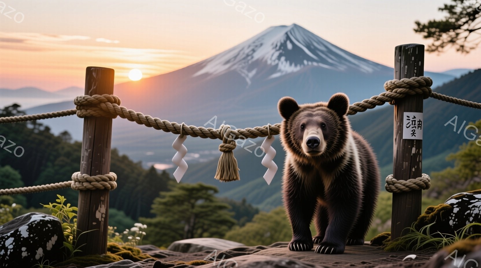 富士山を背景にした、柵の前に立つ茶色のクマが写っています。クマは正面を向き、少し警戒した表情でカメラを見つめており、力強い前脚を前に出し、安定した姿勢をとっています。背景は緑豊かな森林と、夕焼けに染まる富士山の美しい景色で、穏やかさと自然の壮大さを感じさせます。