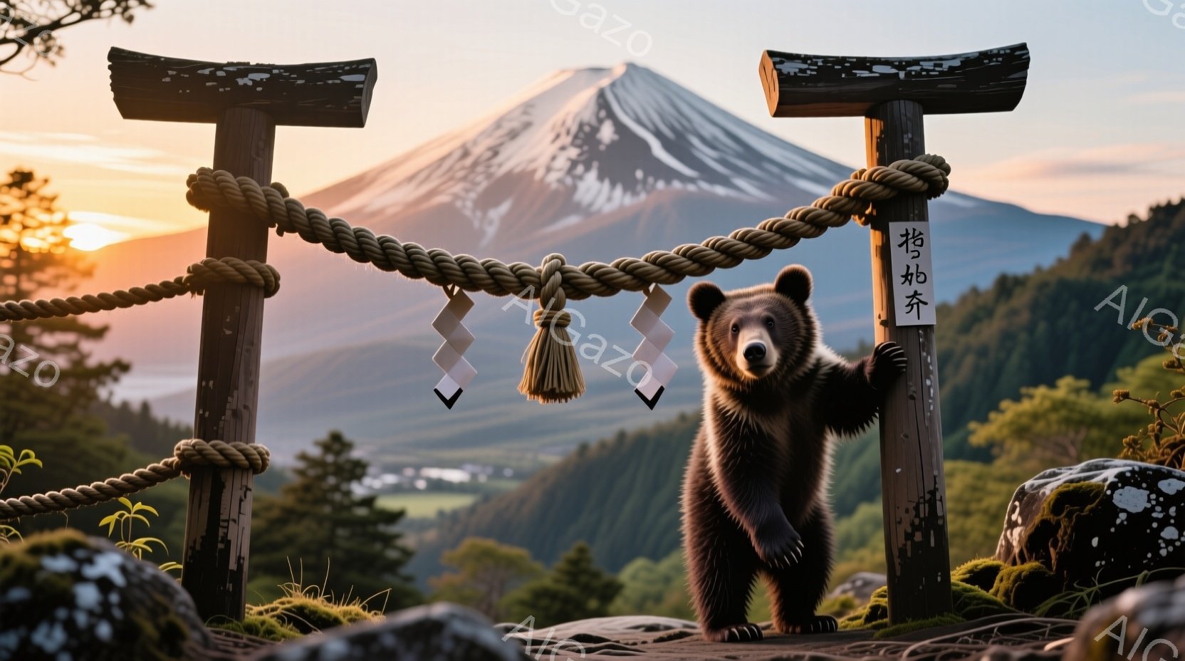 木製の鳥居が写っており、その横に子グマが立っている。背景には、美しい富士山と緑豊かな森林が広がり、穏やかな夕焼けが空を彩っている。子グマは少し斜めに体を傾け、鳥居にもたれかかっており、リラックスした雰囲気を醸し出している。