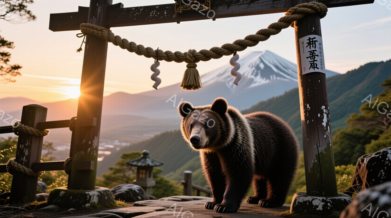 日の出の時間帯に、熊が神社の鳥居の前に立っている様子が写っている。背景には富士山がそびえ立ち、遠くには街並みが広がり、全体的に温かく荘厳な雰囲気が漂っている。熊は正面を向き、落ち着いた表情で、神聖な空間に静かに佇んでいる。
