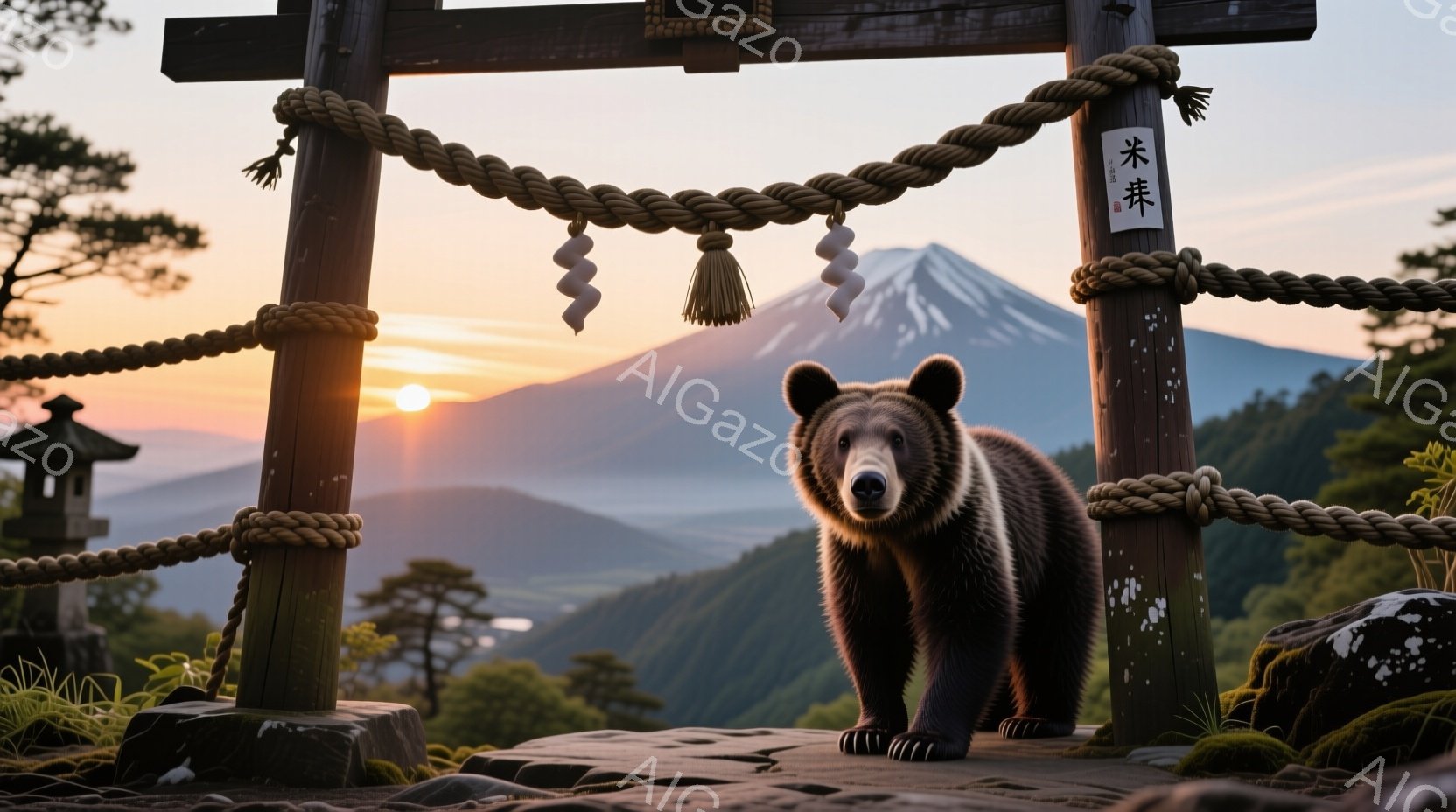 木製の鳥居が写っており、その前に茶色のクマが立っている。背景には、夕焼けに照らされた富士山と緑豊かな山々が広がり、穏やかで神秘的な雰囲気を醸し出している。クマはカメラに向かって堂々とした姿勢で立っており、その存在感が際立っている。