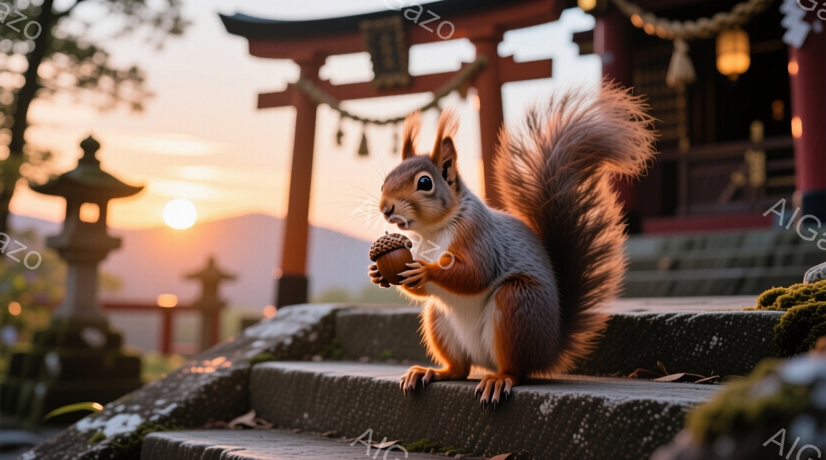 赤い毛並みを持つリスが、石段に座り、前足でドングリを抱えています。背景には鳥居と石灯籠が並び、夕焼け空が暖かく光を当てています。静かで穏やかな雰囲気で、自然と文化が調和した美しい光景です。 - AI生成フリー素材