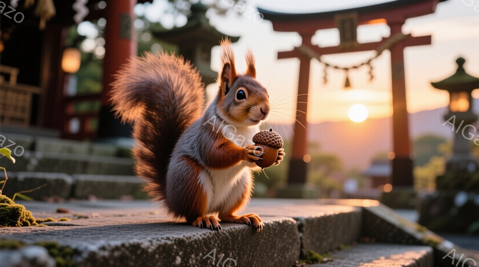 赤褐色の毛並みを持つリスが、石段の上に立ち、前足でどんぐりを抱えています。背景には、夕焼けに照らされた鳥居と、緑豊かな自然が広がっており、穏やかで幻想的な雰囲気を醸し出しています。リスの表情は可愛らしく、夕暮れ時の神聖な空間に、温かい光が差し込んでいます。