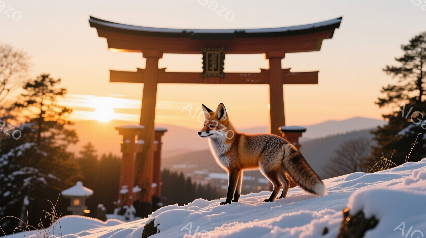 雪をまとった丘の上に、鮮やかな赤色の狐が凛々と立っている。背景には、夕焼けに照らされた鳥居と、遠くに見える街並みが広がり、幻想的な雰囲気を醸し出している。雪と夕焼けのコントラストが美しく、静寂の中に力強い生命を感じさせる。