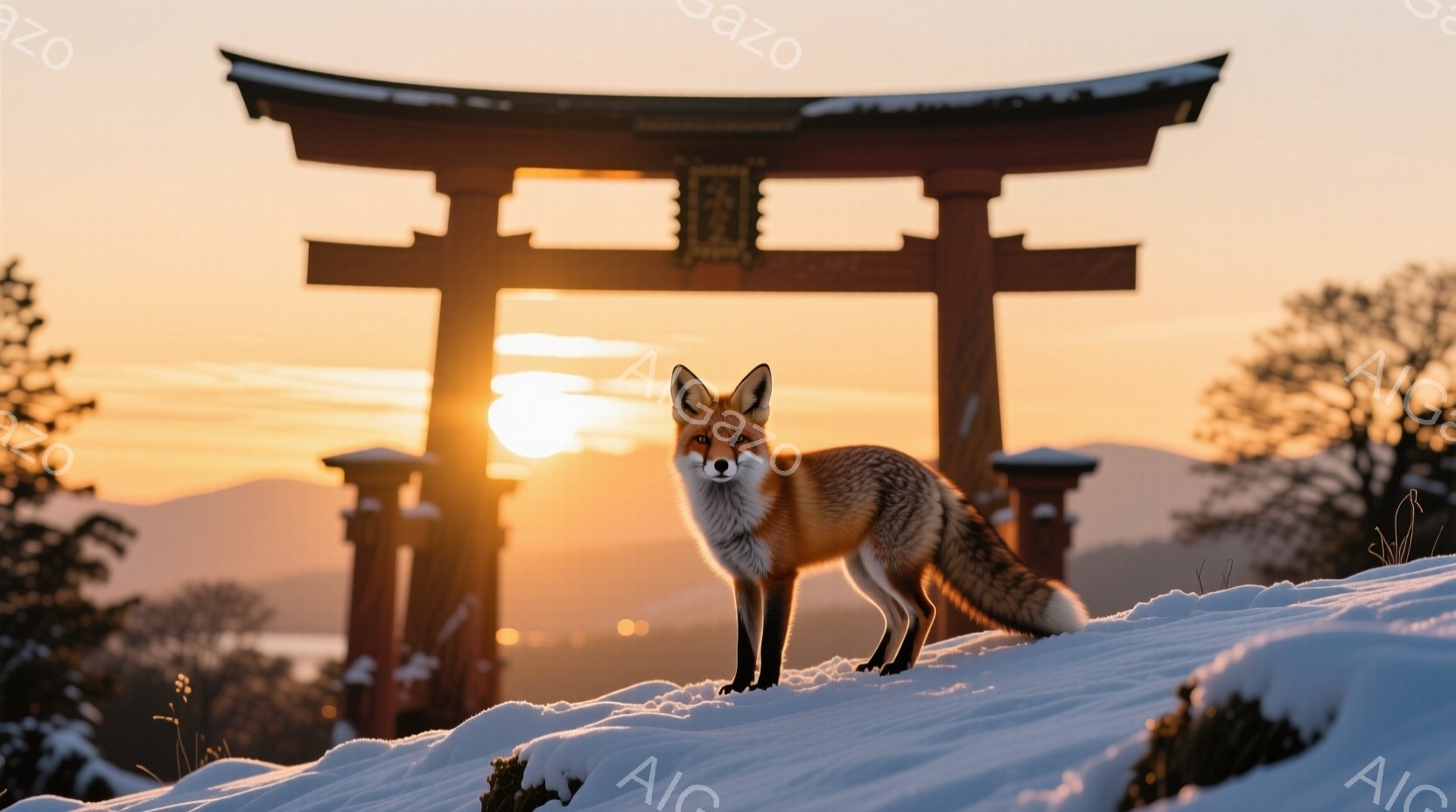 雪を背景に、朱色の鳥居が夕日に照らされている。その鳥居の前に、毛並みの美しい狐が凛々と佇んでおり、正面を見据えている。背景には山々が連なり、穏やかで神聖な雰囲気を醸し出している。