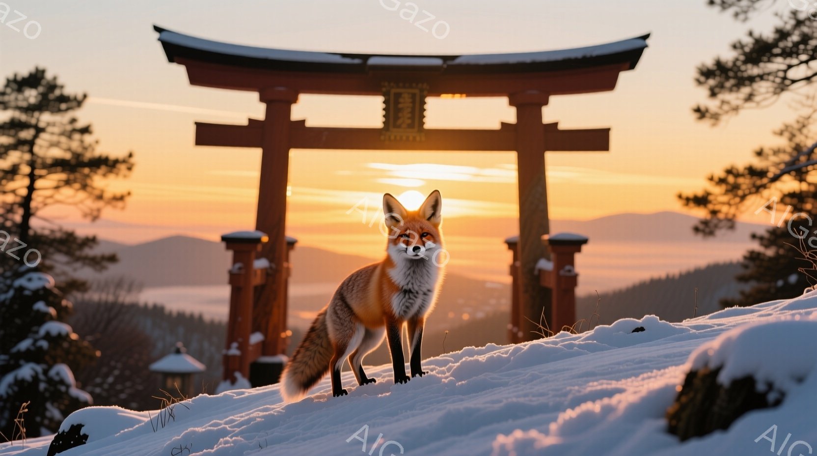 雪に覆われた丘の上に、堂々と立つ一匹の狐が描かれている。背景には朱色の鳥居が夕日に照らされ、遠くには山々が連なっている。全体的に静かで神聖な雰囲気が漂い、冬の自然の美しさと狐の神秘的な存在感が際立って - AI生成フリー素材
