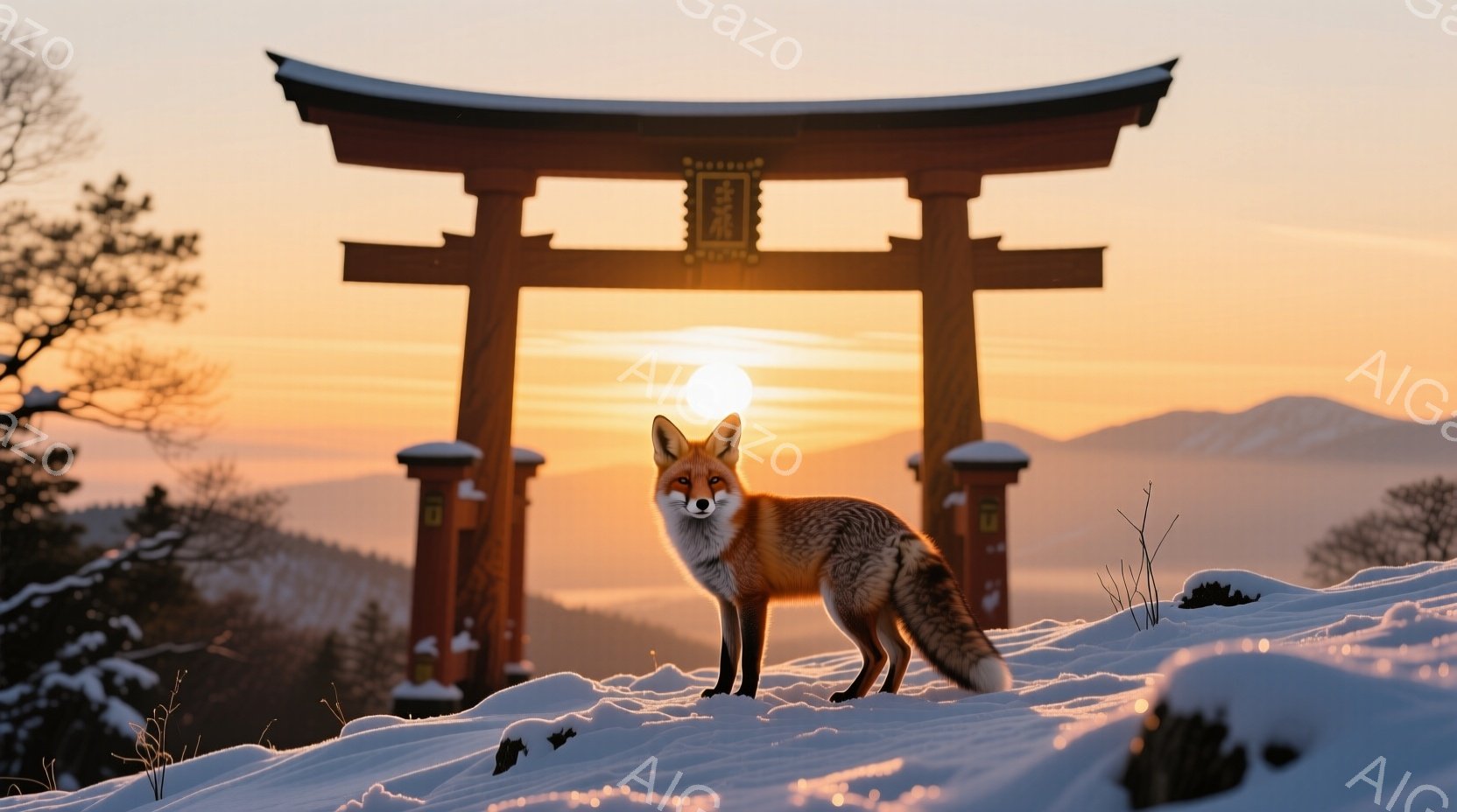 雪に覆われた丘の上に、朱色の鳥居が夕焼けを背景にそびえ立っています。その鳥居の前に、毛並みの美しい狐が凛と立ち、遠くの山々を見つめています。空はオレンジと赤のグラデーションで彩られ、静寂で神秘的な雰囲 - AI生成フリー素材