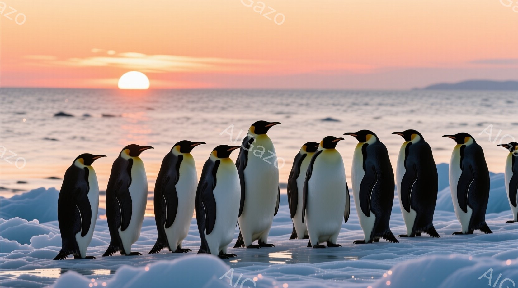 白い雪原に一列に並んだペンギンたちが、まるで儀式のように静止している。背景には穏やかな海と、夕焼けに照らされたオレンジ色の空が広がり、幻想的な雰囲気を醸し出している。ペンギンたちは黒と白のコントラストが鮮やかで、堂々とした姿が印象的である。
