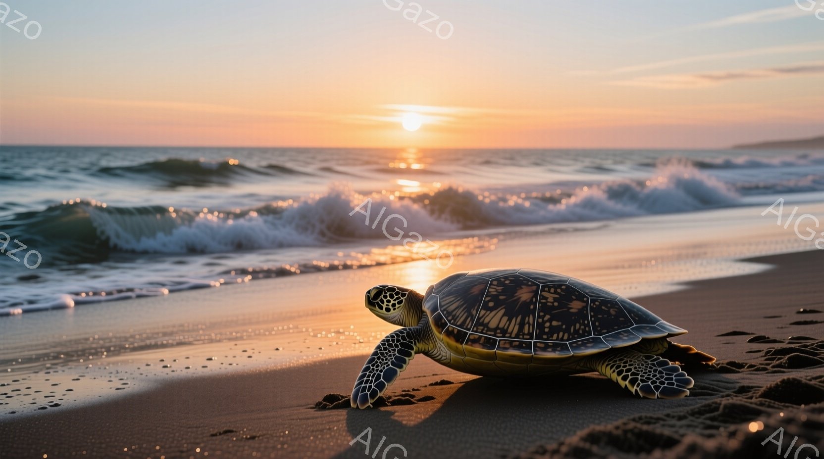 砂浜に甲羅が美しいウミガメが歩いている様子が捉えられています。背景には穏やかな波が打ち寄せ、夕焼けのオレンジとピンクが空と海を染め上げています。全体的に穏やかで平和な雰囲気が漂い、温かい光が甲羅の模様 - AI生成フリー素材