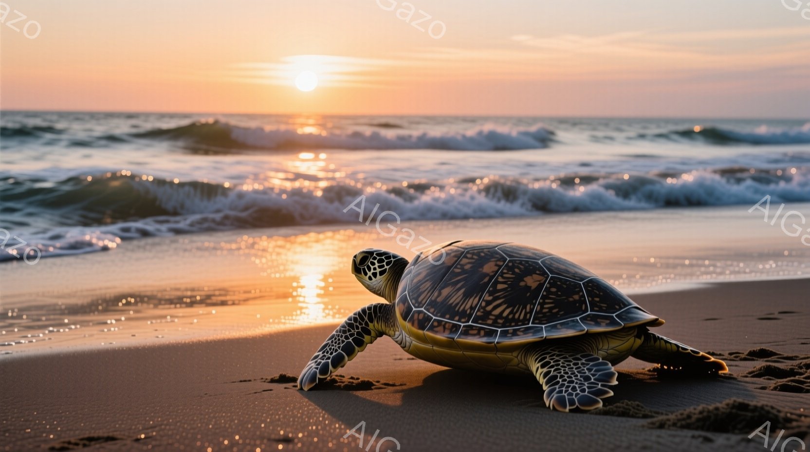 海岸の砂浜に、甲羅が美しいウミガメが歩いている様子が捉えられています。夕焼けのオレンジ色の光が海面と砂浜を照らし、ウミガメの甲羅に反射して輝きを増しています。穏やかな波と空のグラデーションが、平和で幻 - AI生成フリー素材