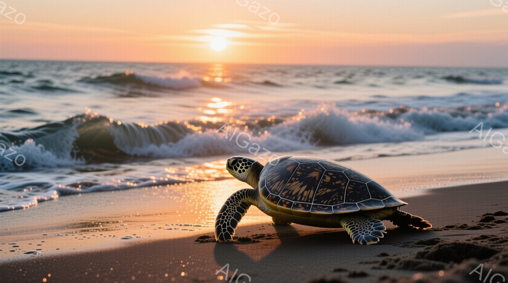 砂浜の上を歩くウミガメが写っている。夕焼けの光が海面を照らし、波はオレンジ色に染まっている。背景には穏やかな海が広がり、暖かく平和な雰囲気が漂っている。 - AI生成フリー素材