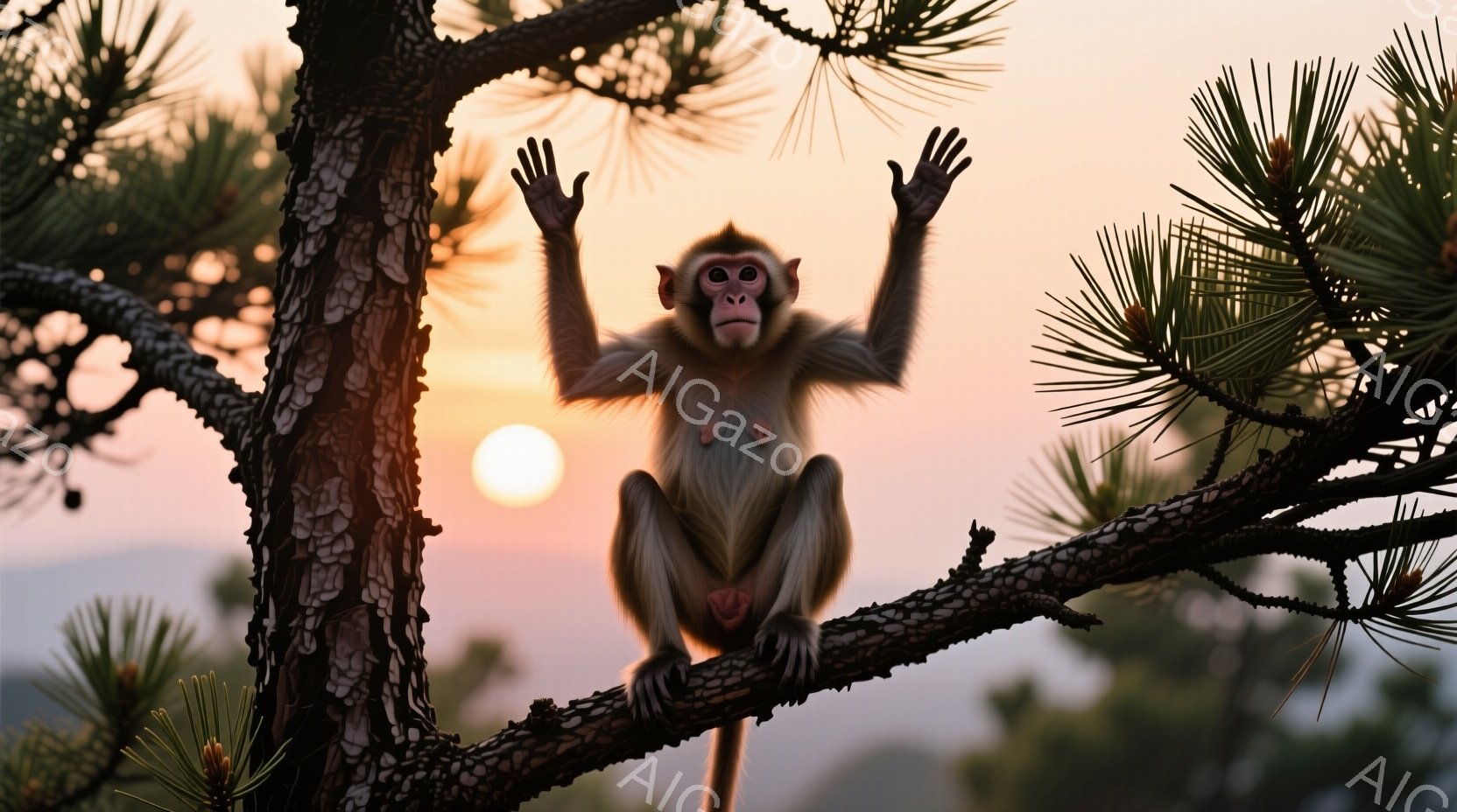 木の枝に座った猿が、両手を高く上げて、まるで祈っているかのようなポーズをとっています。背景には夕焼けのオレンジ色の空が広がり、遠くには霞んだ山々が見えます。全体的に穏やかで神秘的な雰囲気を醸し出しています。