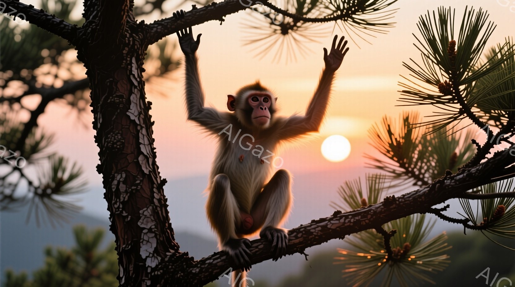 太陽が沈む夕焼けを背景に、一匹の猿が木の枝に座って両手を高く上げています。猿は茶色い毛並みで、少し驚いたような表情をしています。周囲には緑の葉と松ぼっくりがあり、暖かく穏やかな雰囲気を醸し出しています。
