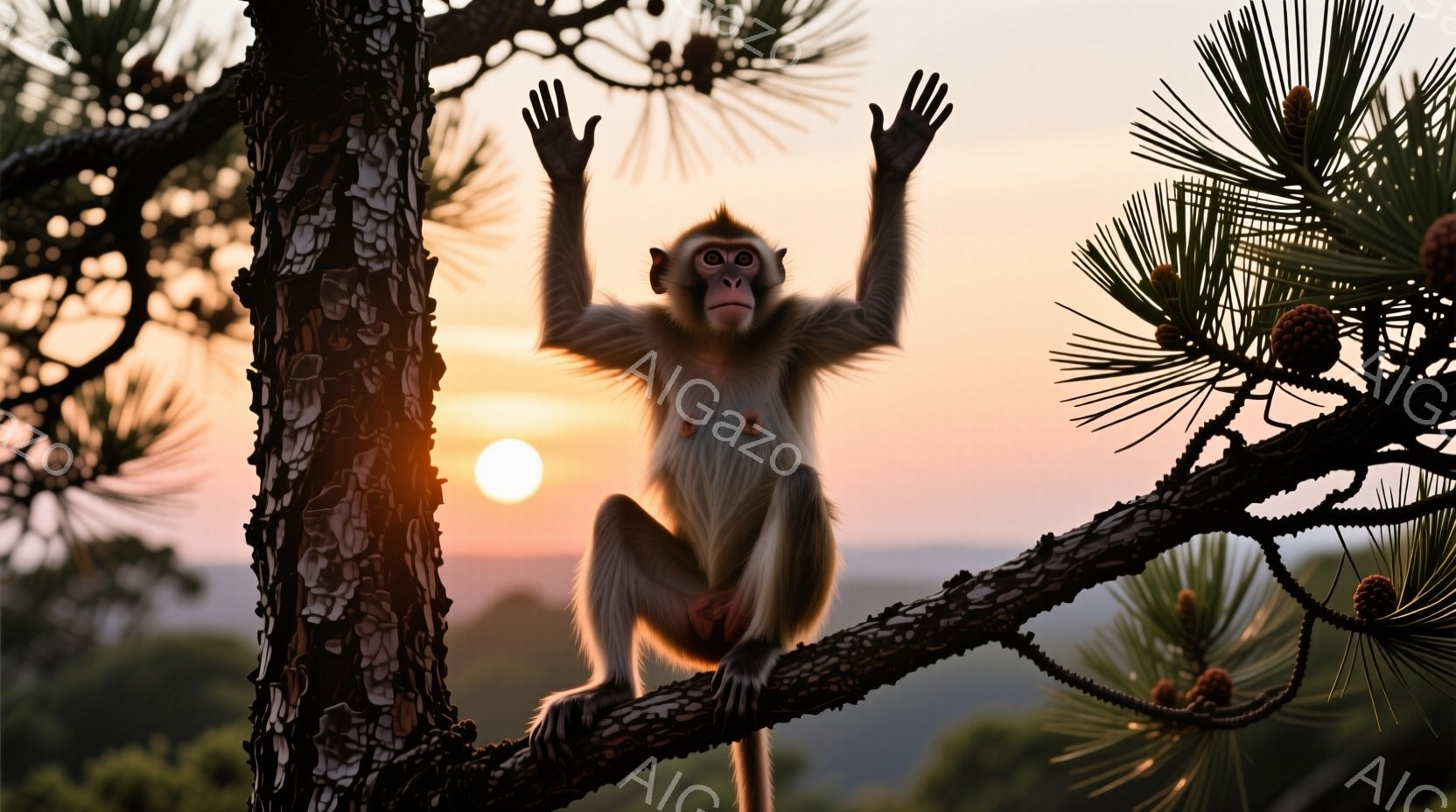 鮮やかな夕焼けを背景に、一匹の猿が木の枝に座って両手を高く上げています。猿は毛並みの良い灰色の体をしており、真剣で少し驚いた表情をしています。背景には緑豊かな風景が広がり、暖かく穏やかな雰囲気が漂っています。