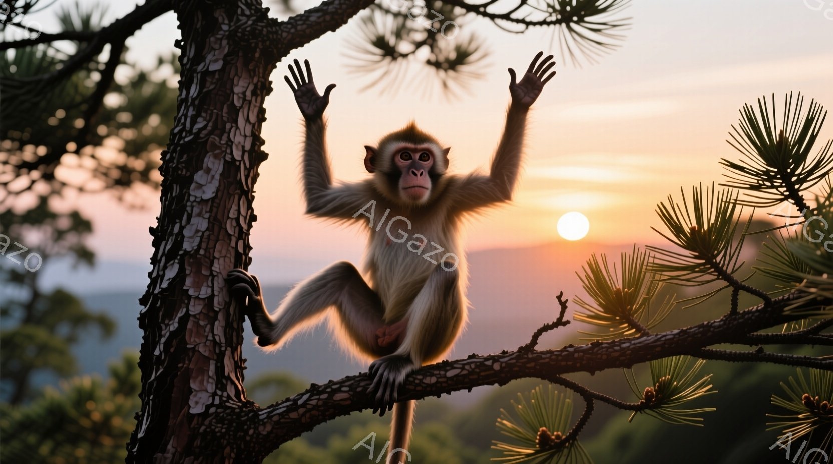 木の枝に座っている猿が描かれており、両腕を高く上げて楽しげな様子を見せています。背景は夕焼けの空で、オレンジ色と赤色のグラデーションが美しく、遠くには山々が見えます。全体的に、平和で穏やかな雰囲気を感じさせます。