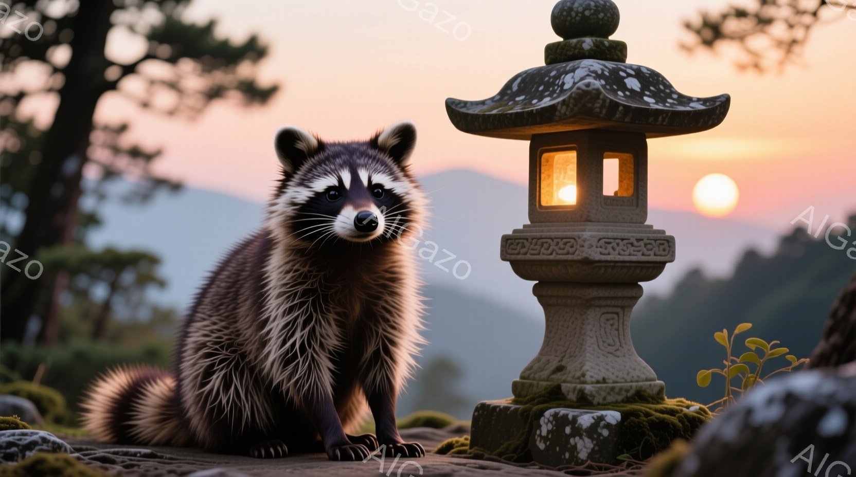 アライグマが石灯籠の近くに座っており、その表情はやや好奇心と警戒心を帯びています。背景には山々が広がり、夕焼け空が暖かく穏やかな雰囲気を作り出しています。石灯籠は点灯しており、その光が周囲を優しく照らしています。