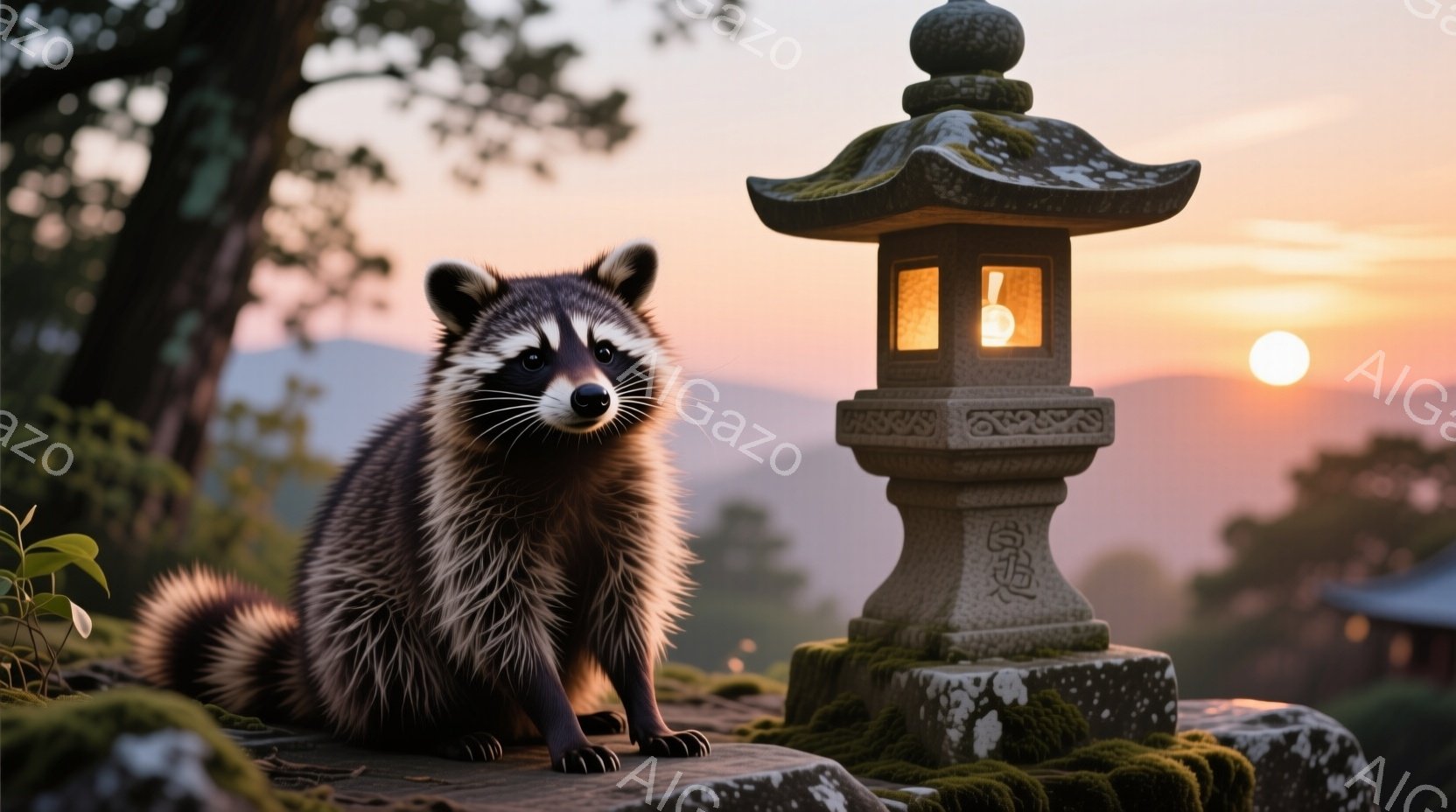 アライグマが石の台の上に座っており、その背後には日本の石灯籠が立っている。夕焼け空が背景に広がり、石灯籠の中に灯がともり、温かい光を放っている。苔むした石台や周囲の緑豊かな自然が、静かで穏やかな雰囲気を醸し出している。