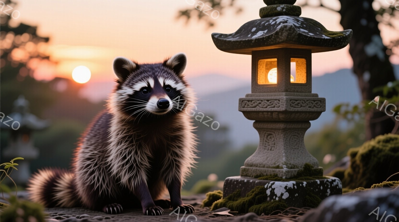 アライグマが石の台座に座り、カメラを見つめています。背景には石灯籠があり、夕焼け空がオレンジ色に染まり、穏やかで幻想的な雰囲気を醸し出しています。苔むした石や緑豊かな植物が、自然の中に佇むアライグマの可愛らしさを引き立てています。