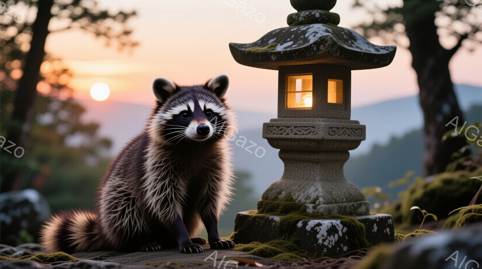 日没時の穏やかな光に照らされた、アライグマが石畳の上に座っています。その毛並みは細かく表現され、顔には好奇心と少しの警戒心が混じった表情が見られます。背景には苔むした石灯籠と、夕焼けに染まる山々が広がり、静かで神秘的な雰囲気を醸し出しています。