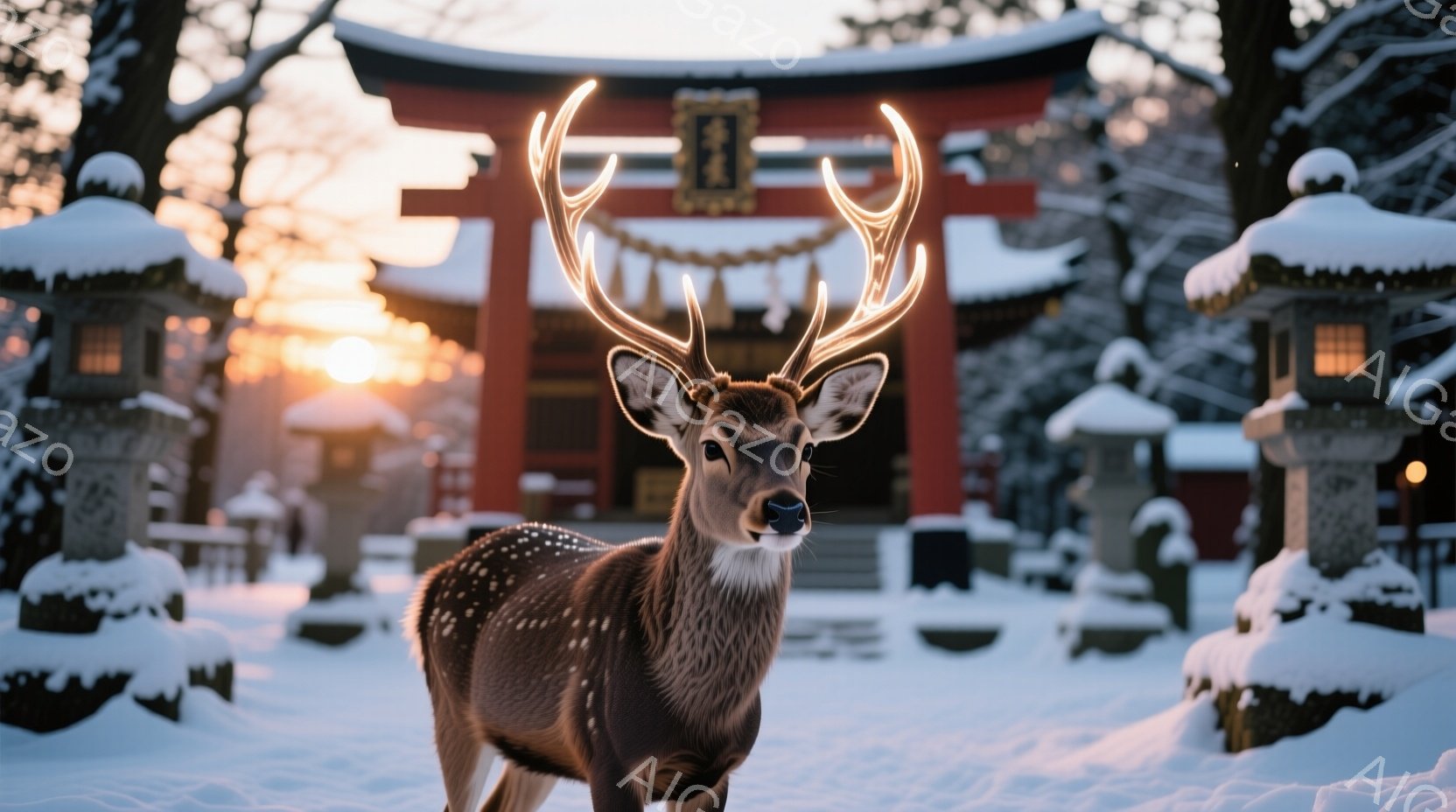 白い雪に覆われた境内には、斑点模様の美しい雄鹿が凛々と佇んでいます。朱色の鳥居と雪に覆われた石灯籠が背景にあり、夕焼けの光が境内を暖かく照らしています。静かで神聖な雰囲気が漂い、冬の自然と文化が調和し - AI生成フリー素材