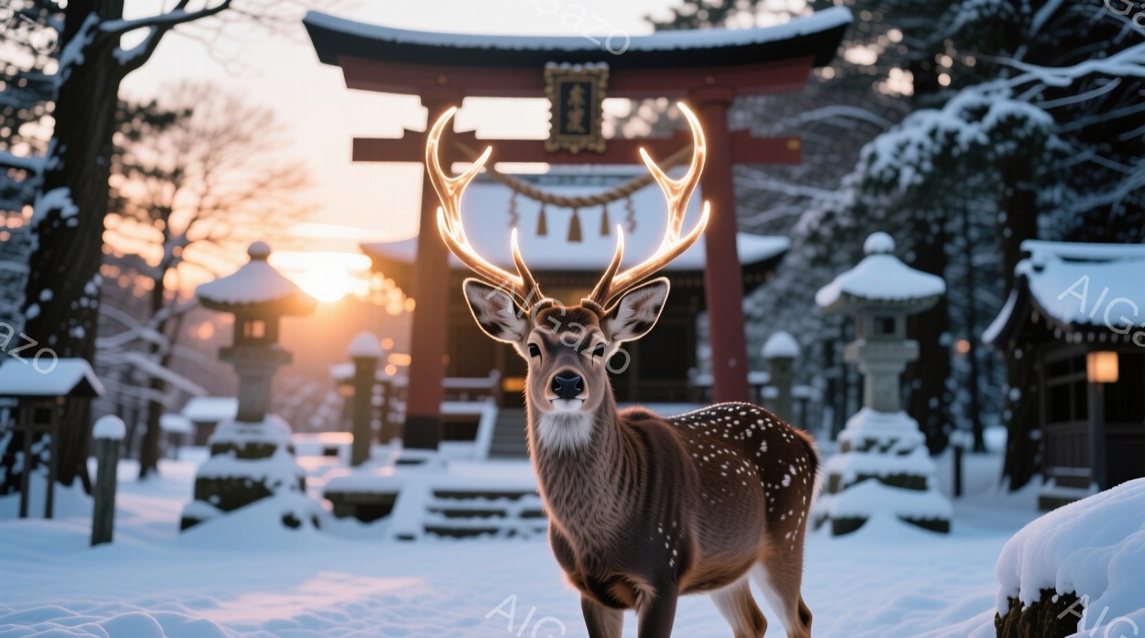 雪に覆われた参道に、大きな角を持つ雄鹿が凛々と立っている。背景には、雪化粧した鳥居と石灯籠が見え、夕焼けの光が暖かく差し込んでいる。穏やかで神聖な雰囲気が漂い、冬の自然と文化が調和した美しい光景である - AI生成フリー素材