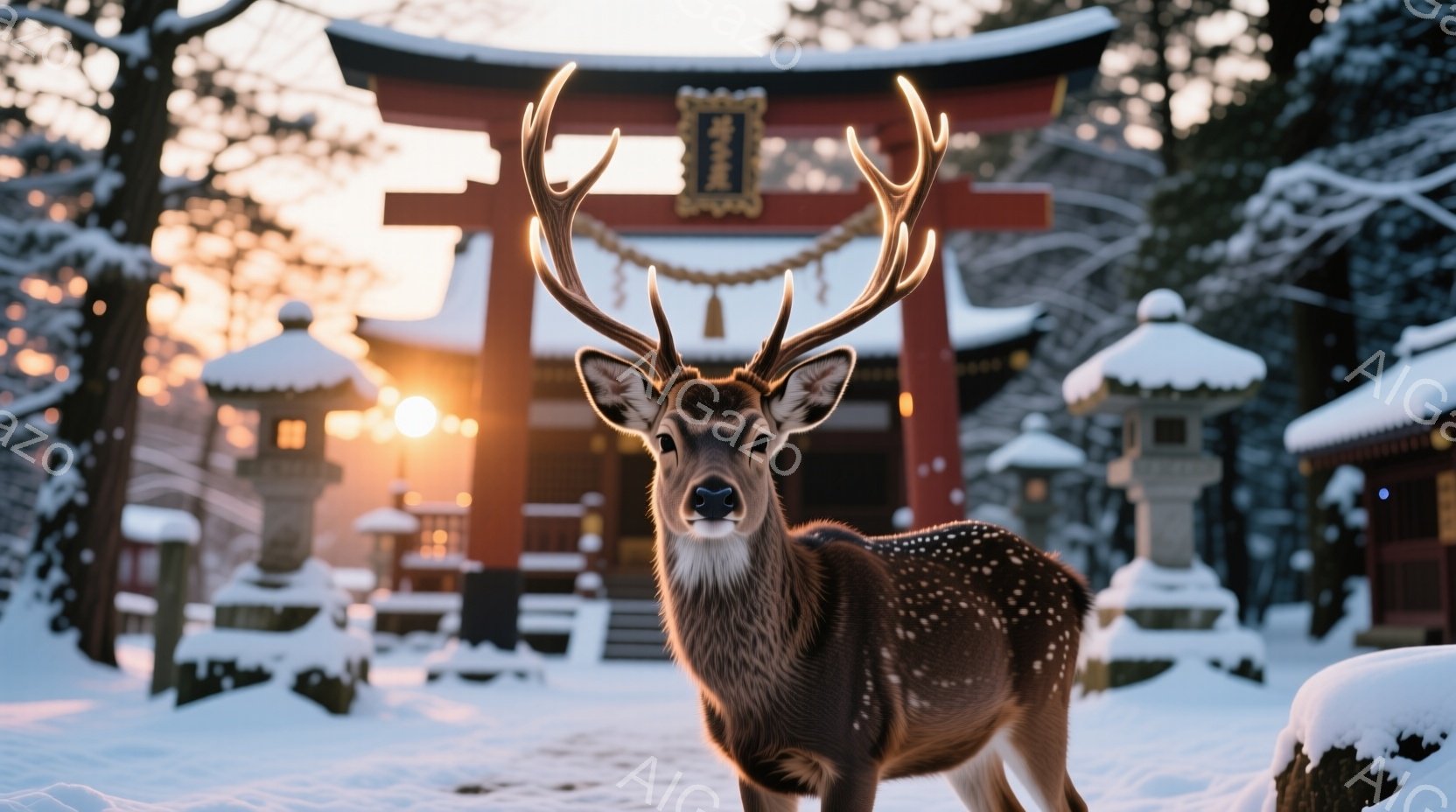 雪景色の中に、美しい斑点模様の雄鹿が凛々と佇んでいます。背景には朱色の鳥居と雪を頂いた木々が見え、夕焼けの光が暖かく照らし出しています。全体的に静寂で神秘的な雰囲気が漂い、冬の自然の美しさを感じさせます。