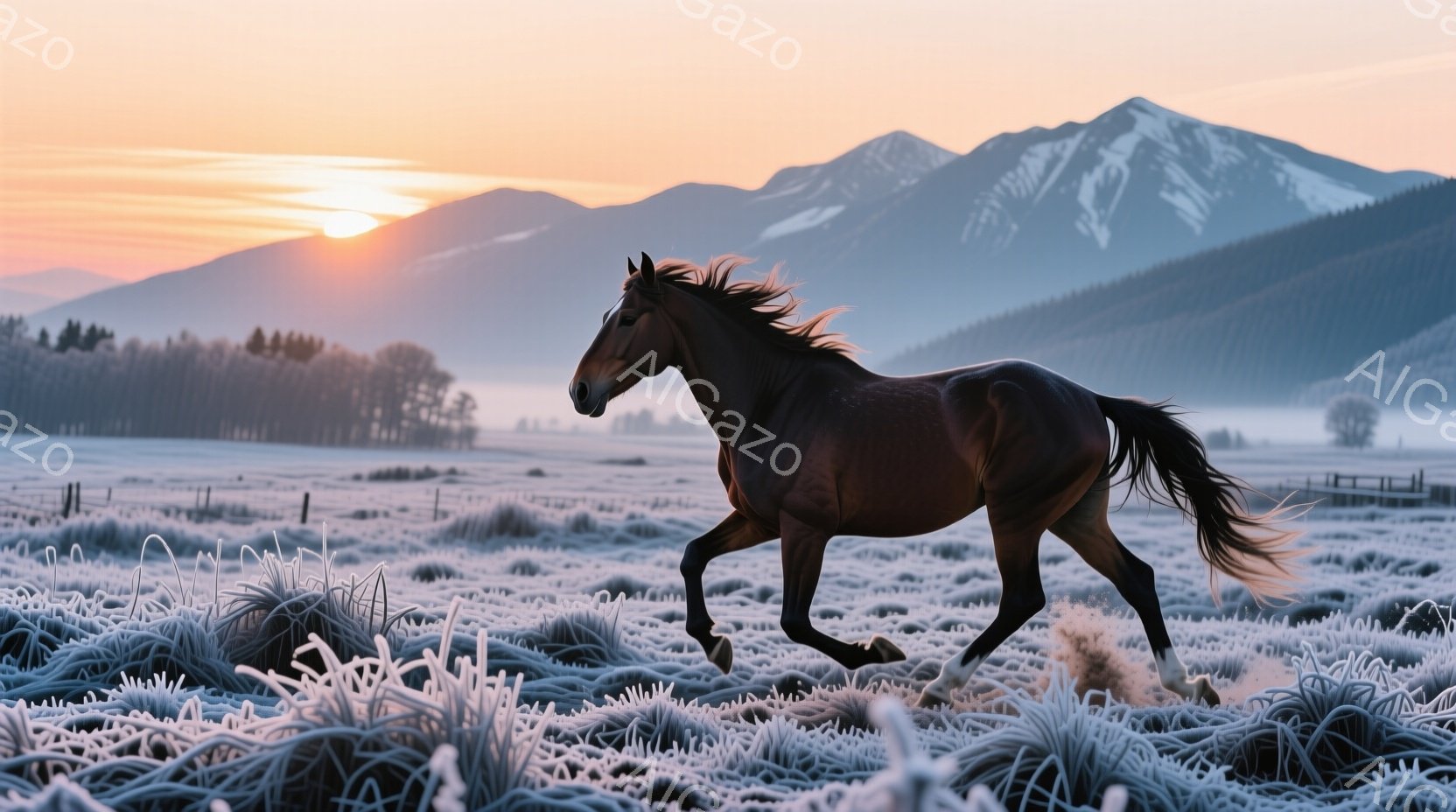 茶色の馬が霜で覆われた草原を疾走している。背景には、雪を頂いた山々が夕焼けに照らされ、冷たい空気と暖かな光が混ざり合った幻想的な雰囲気を醸し出している。馬のたてがみと尾は風になびき、力強く自由な姿が印象的だ。
