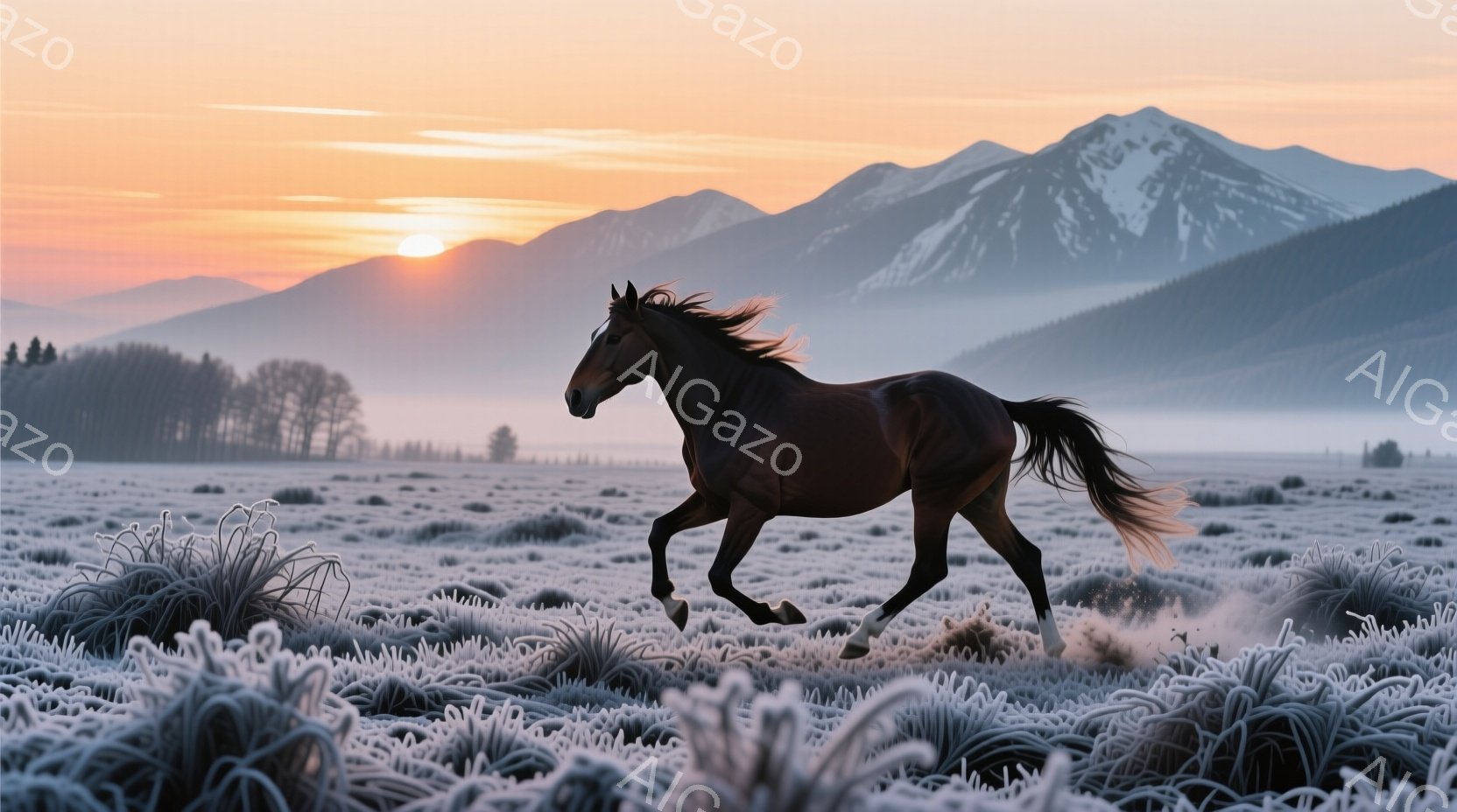 濃い茶色の馬が雪に覆われた草原を力強く駆けている。背景には、雪を抱いた山々が連なり、夕焼けが空をオレンジと紫に染めている。空気は澄んでいて、馬の周りには舞い上がる雪が幻想的な雰囲気を醸し出している。