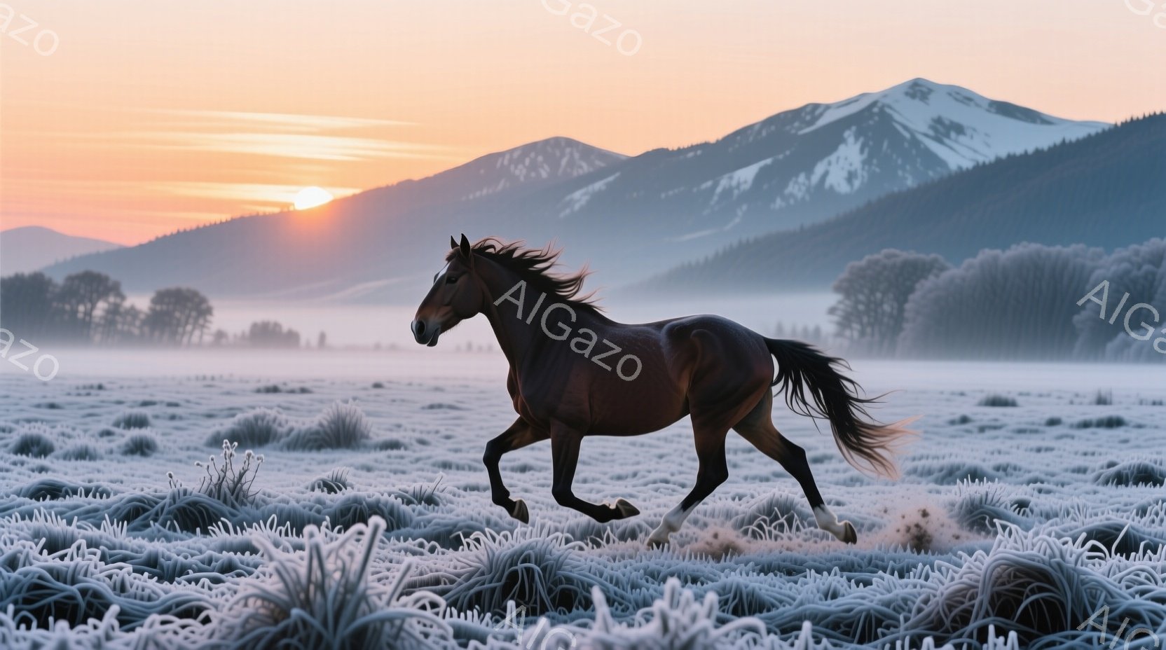 深い茶色の馬が、霜で覆われた草原を力強く駆けている。背景には、雪を抱いた山々と、朝焼けの空が広がり、幻想的な雰囲気を醸し出している。馬のたてがみと尾は風になびき、凛々しい姿が印象的である。
