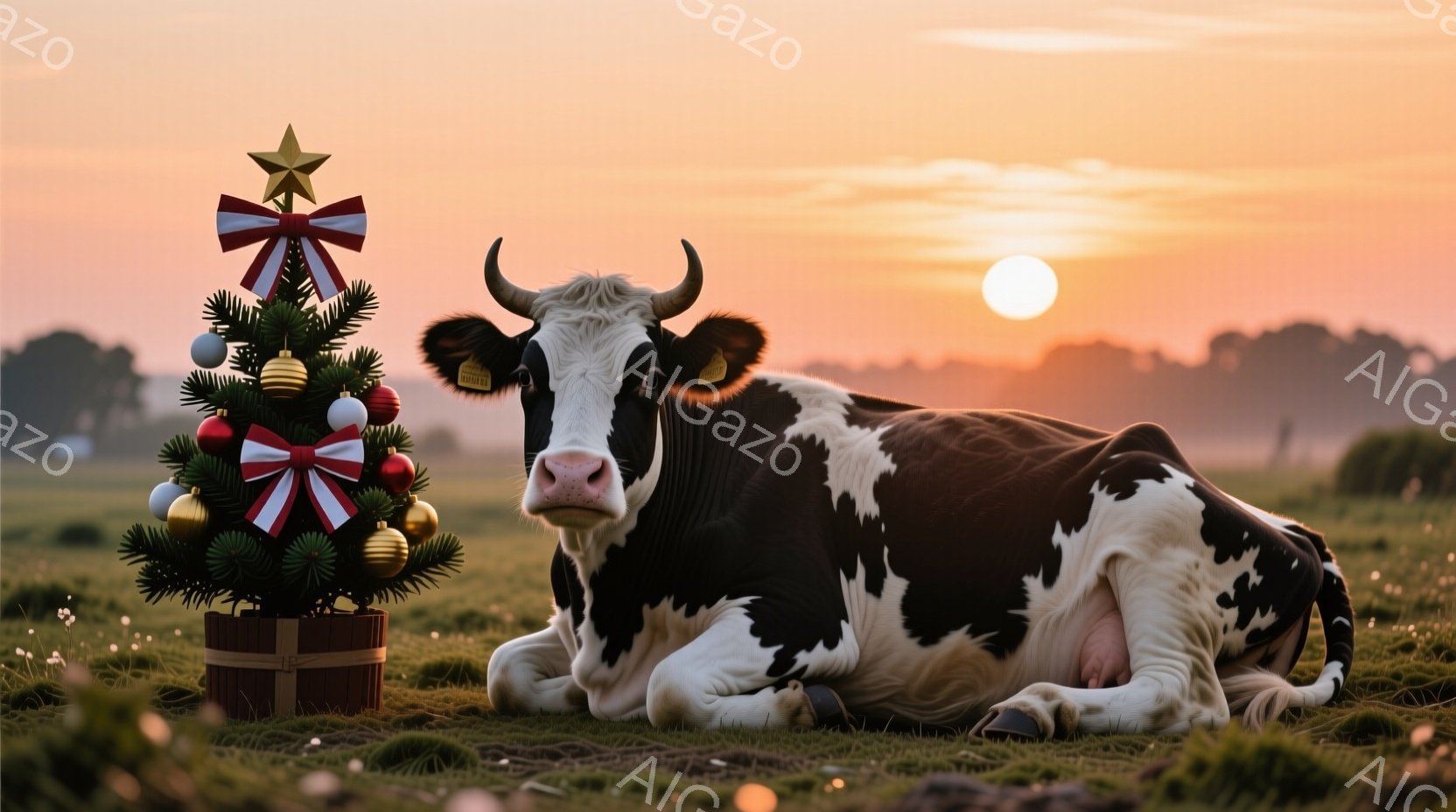 広大な緑の牧場に黒と白の牛が横たわっており、その隣には飾り付けられた小さなクリスマスツリーが置かれています。夕焼け空はオレンジとピンクの色合いで美しく、遠くにはぼんやりとした地平線が見えます。 全体的に穏やかで牧歌的な雰囲気で、クリスマスシーズンと自然の美しさを組み合わせた、温かく幸せな印象を与えます。