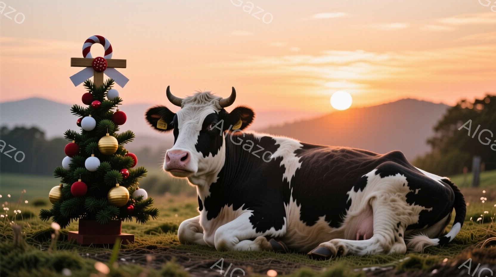 白黒の牛が緑の牧草地に横たわっており、その隣には小さなクリスマスツリーが置かれている。夕焼けの空が背景に広がり、暖かく穏やかな雰囲気を醸し出している。牛はリラックスした表情で、牧歌的な風景の中に溶け込んでいる。