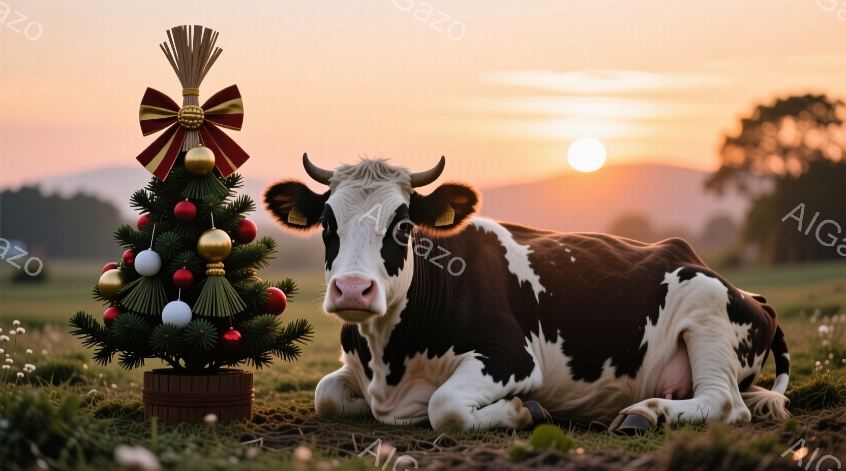 黒と白の斑点模様の牛が緑の草原に横たわっており、その隣には小さなクリスマスツリーが飾られています。夕焼け空が背景に広がり、暖かく穏やかな雰囲気を醸し出しています。牛はリラックスした様子で、まるでクリスマスの穏やかな光景を楽しんでいるようです。