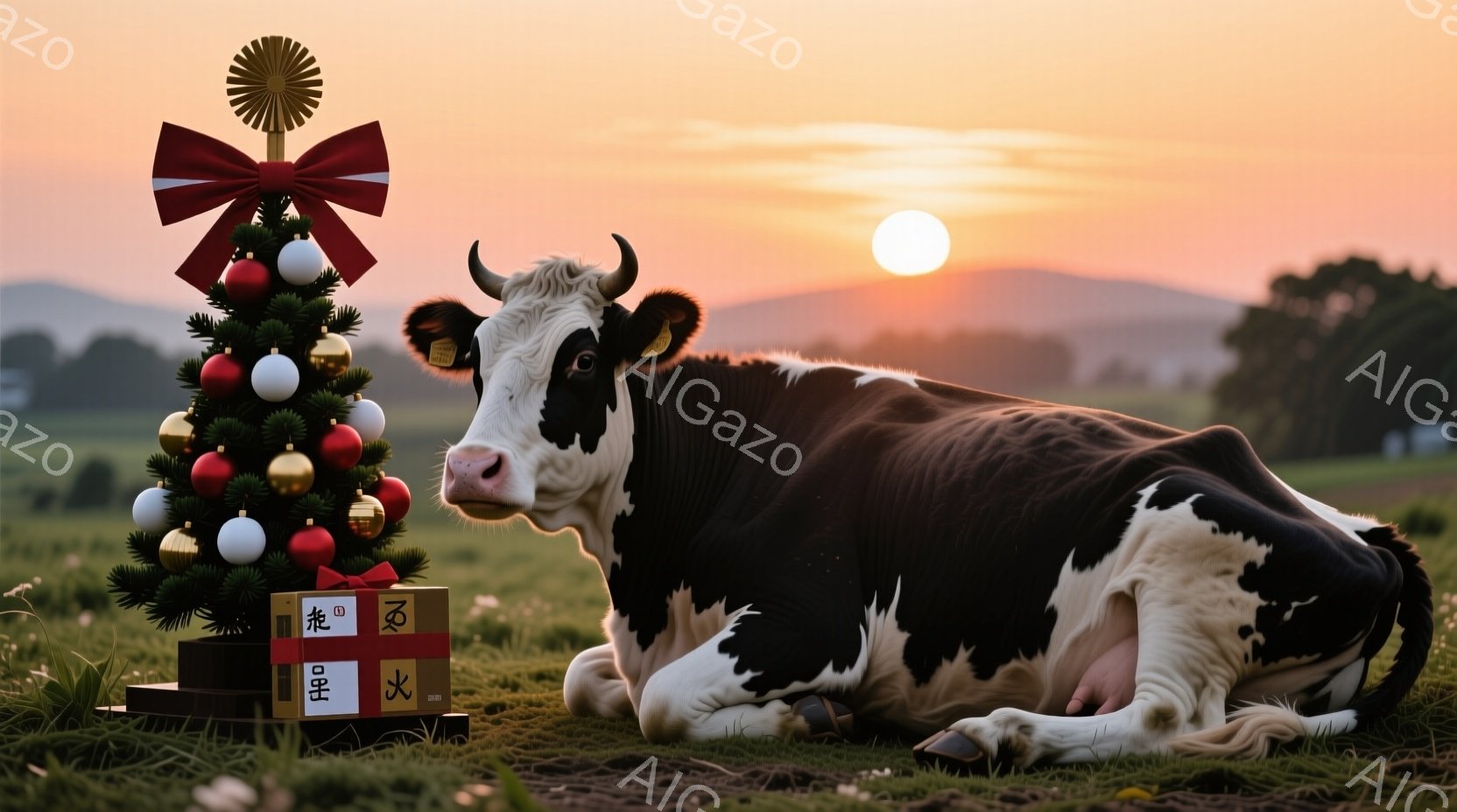 白黒の牛が緑の牧草地に横たわっており、近くには小さなクリスマスツリーが置かれている。夕焼け空が背景に広がり、暖かく穏やかな雰囲気を醸し出している。牛はリラックスした様子で、牧歌的で平和な光景を作り出している。