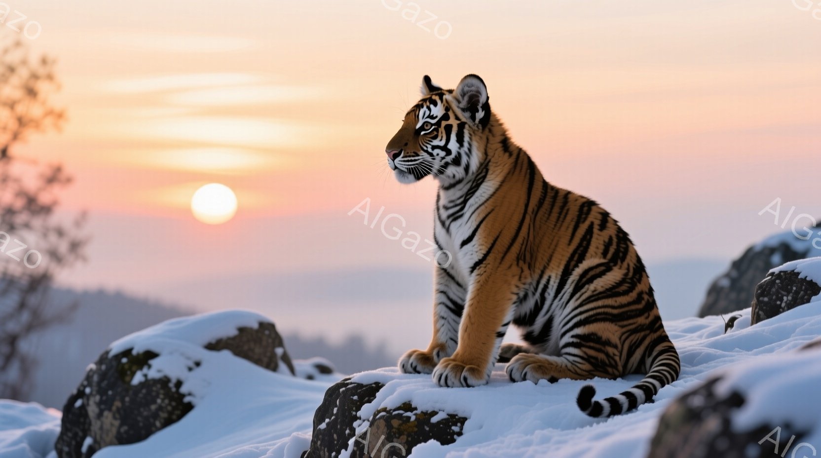 雪を積もらせた岩の上に、ベンガルトラが座っている。夕焼けのオレンジとピンク色の空が背景に広がり、穏やかで神秘的な雰囲気を醸し出している。トラは遠くを見つめ、凛々しくもどこか寂しげな表情をしている。